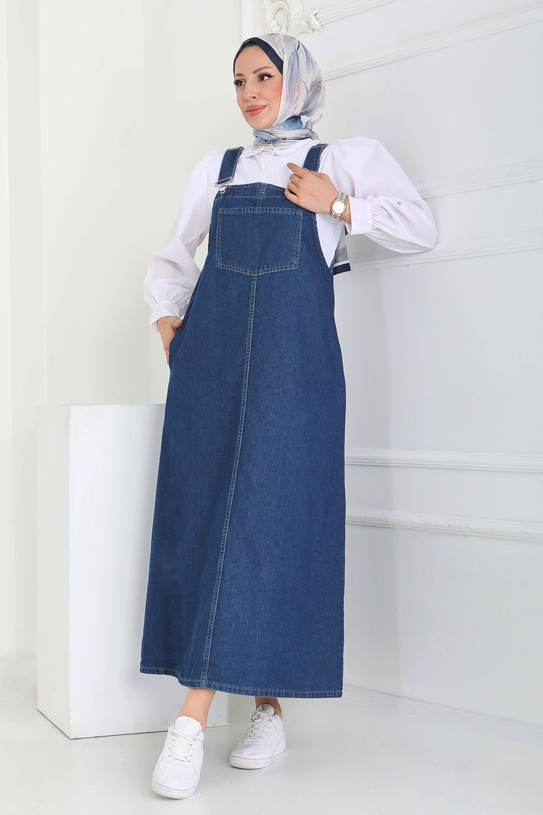 Cep Detaylı Askılı kot Salopet - 27833-KOYU-MAVI - TOFİSA