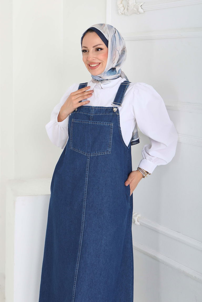 Cep Detaylı Askılı kot Salopet - 27833-KOYU-MAVI - TOFİSA