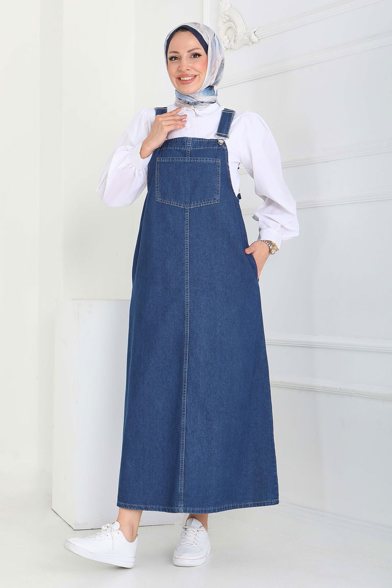 Cep Detaylı Askılı kot Salopet - 27833-KOYU-MAVI - TOFİSA