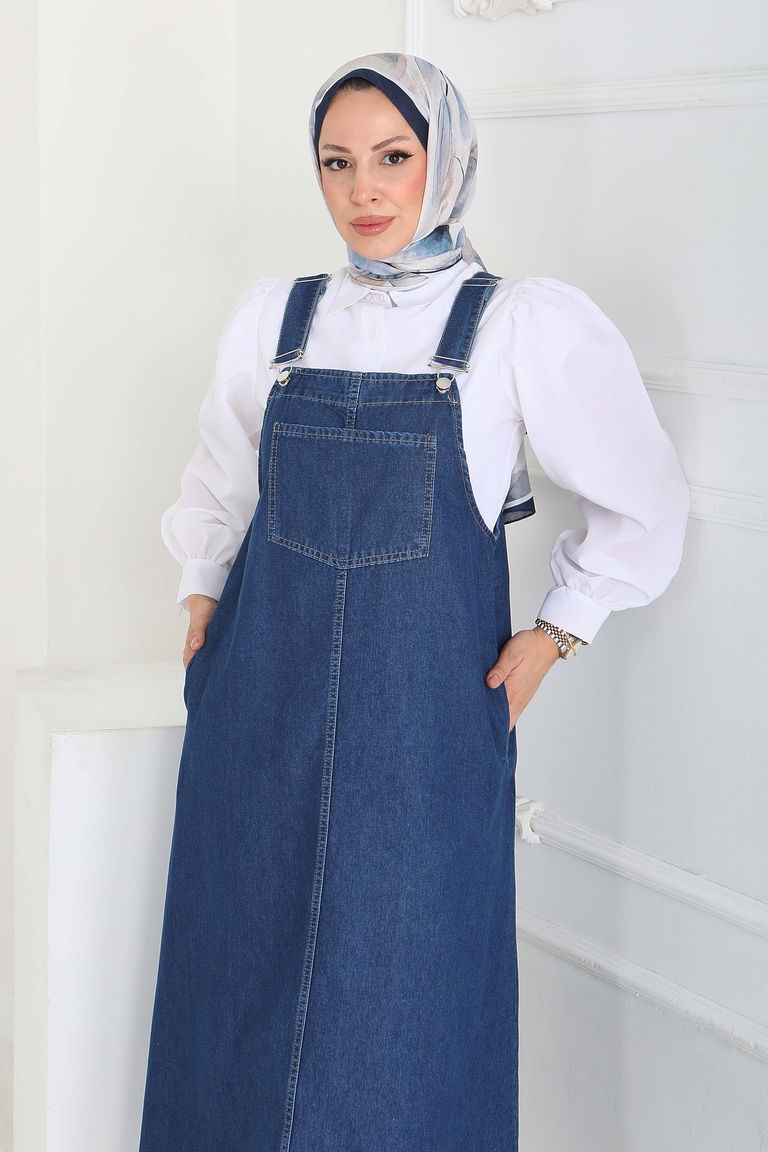 Cep Detaylı Askılı kot Salopet - 27833-KOYU-MAVI - TOFİSA