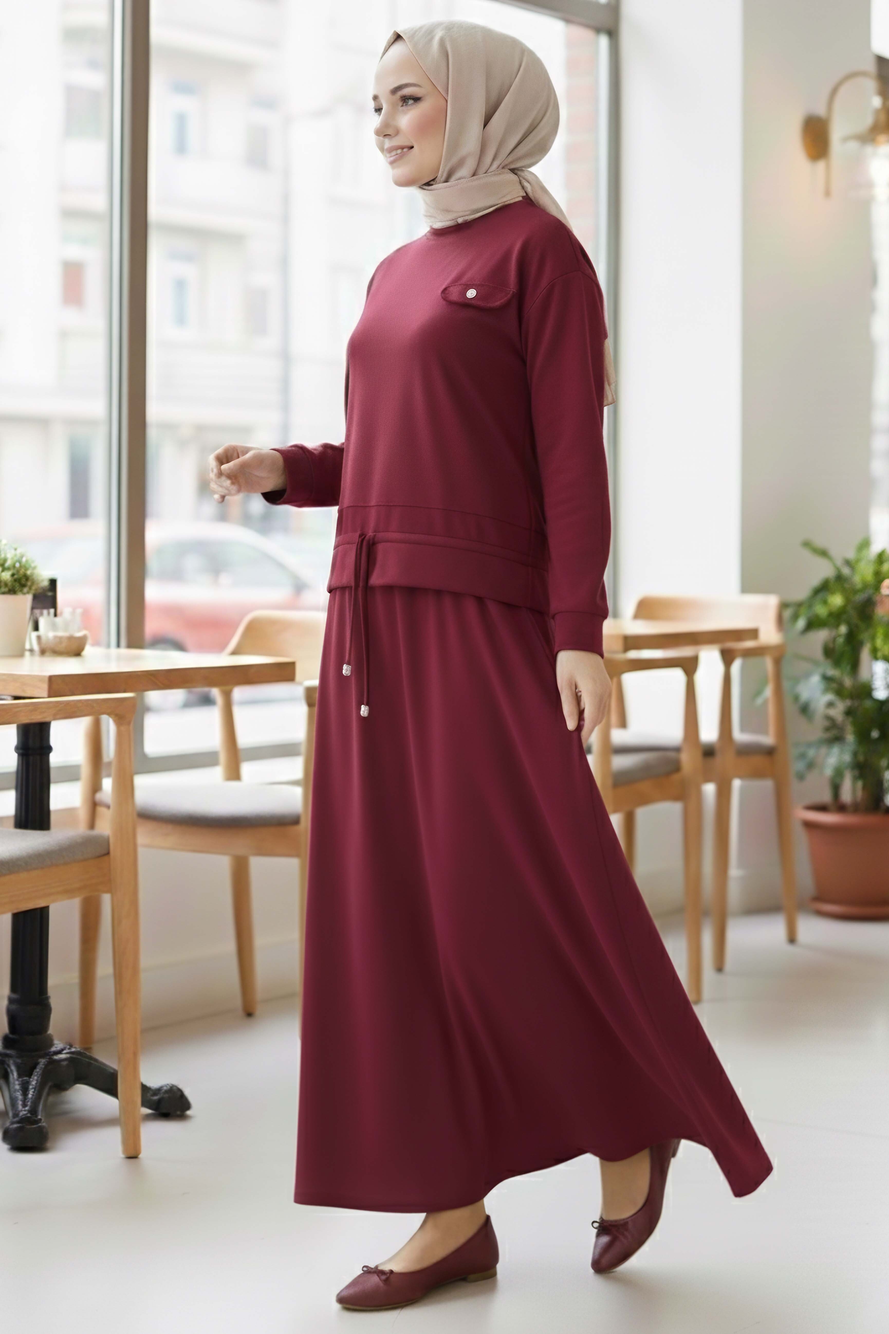 Cep Detaylı Bağcıklı Etek Takım - 2071-BORDO - 1