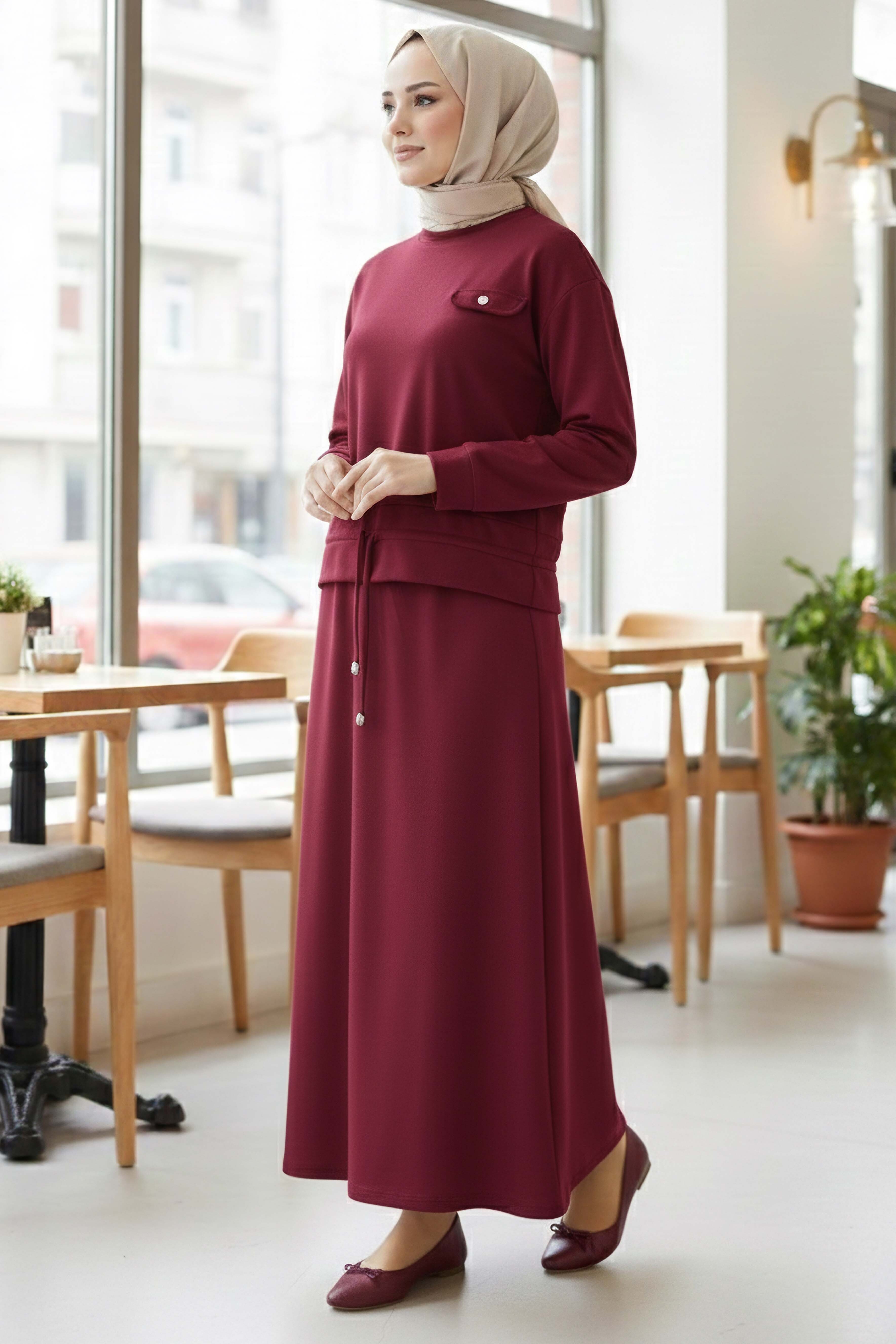 Cep Detaylı Bağcıklı Etek Takım - 2071-BORDO - 2