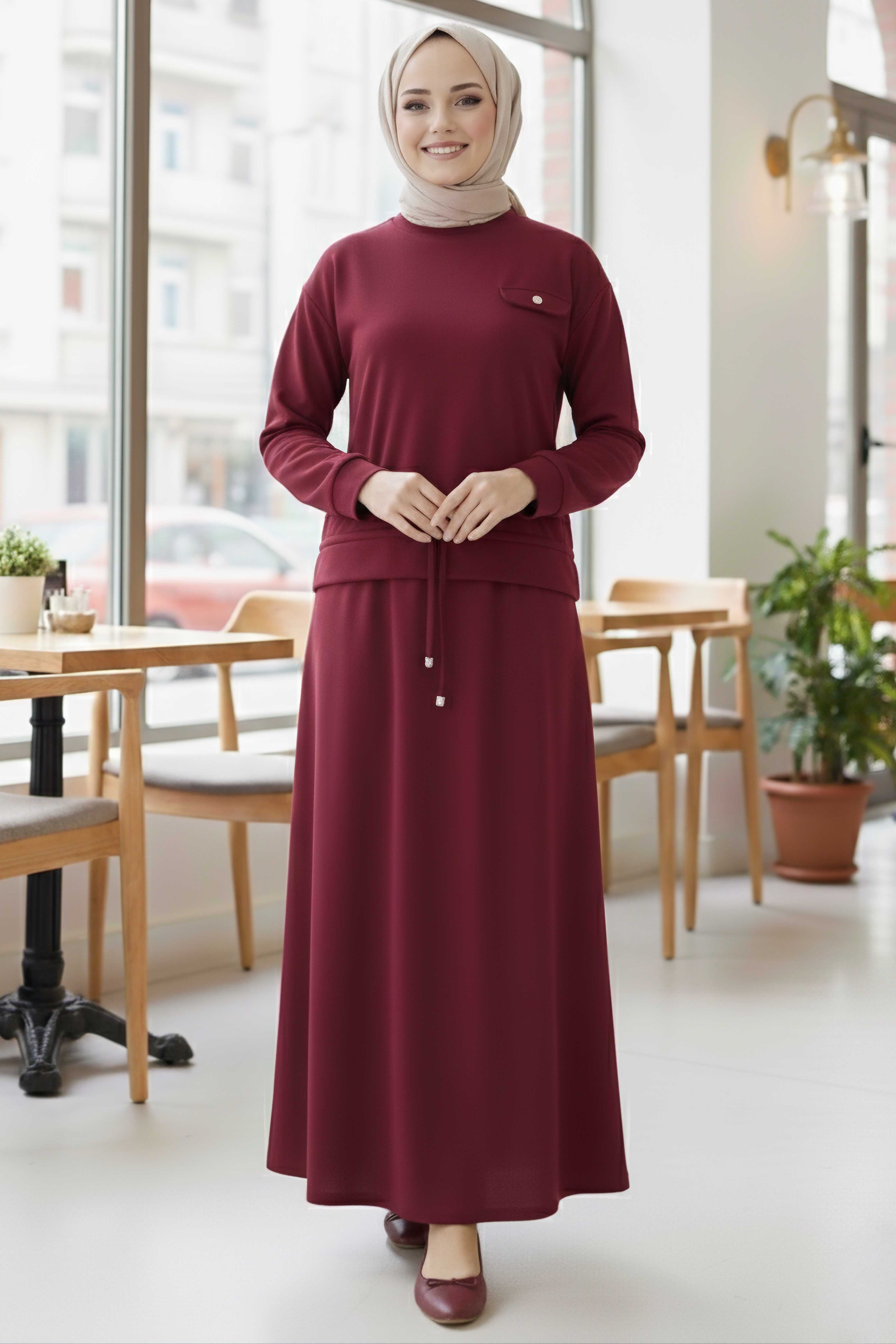 Cep Detaylı Bağcıklı Etek Takım - 2071-BORDO - 3