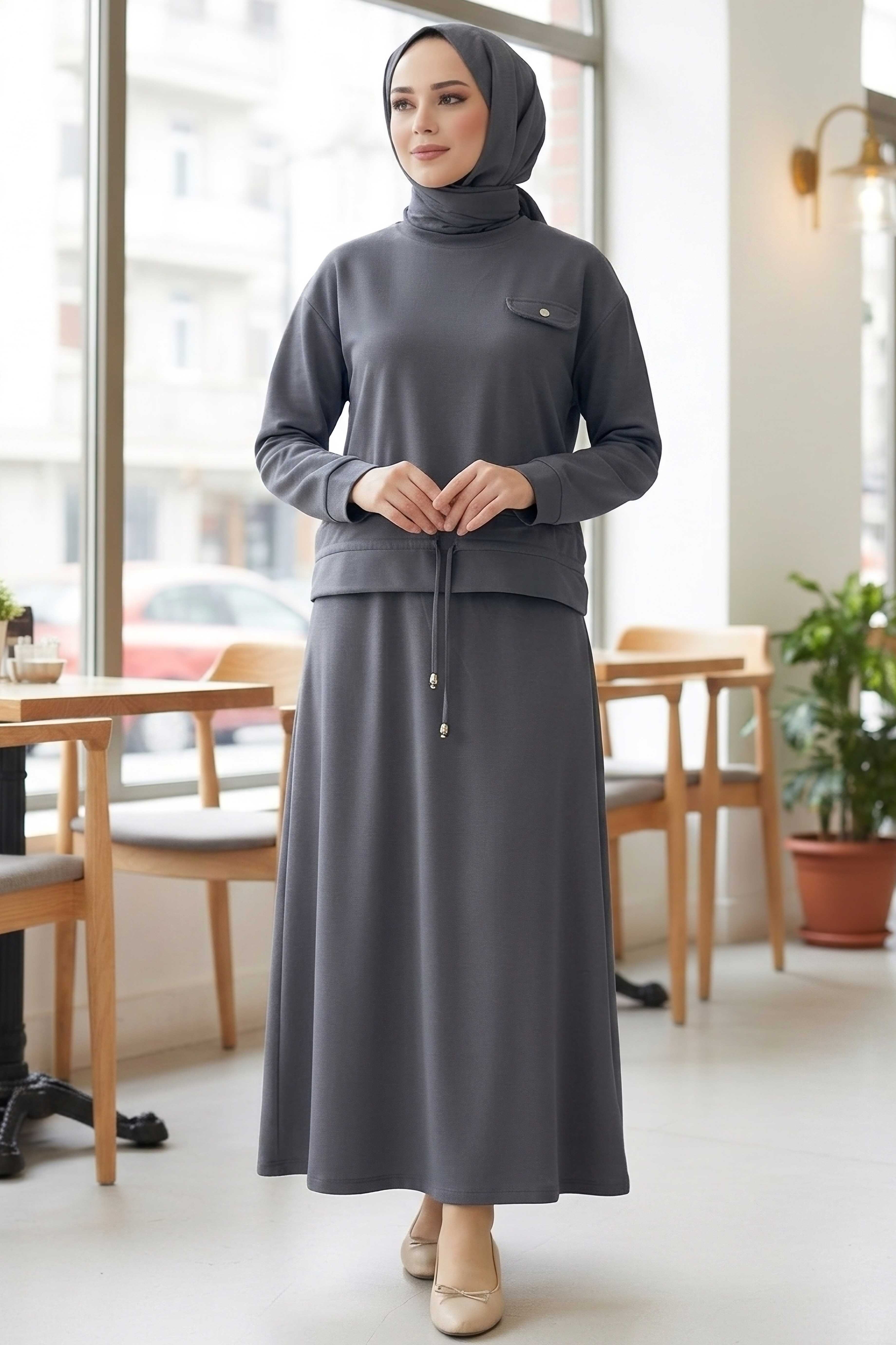 Cep Detaylı Bağcıklı Etek Takım - 2071-FUME - 1