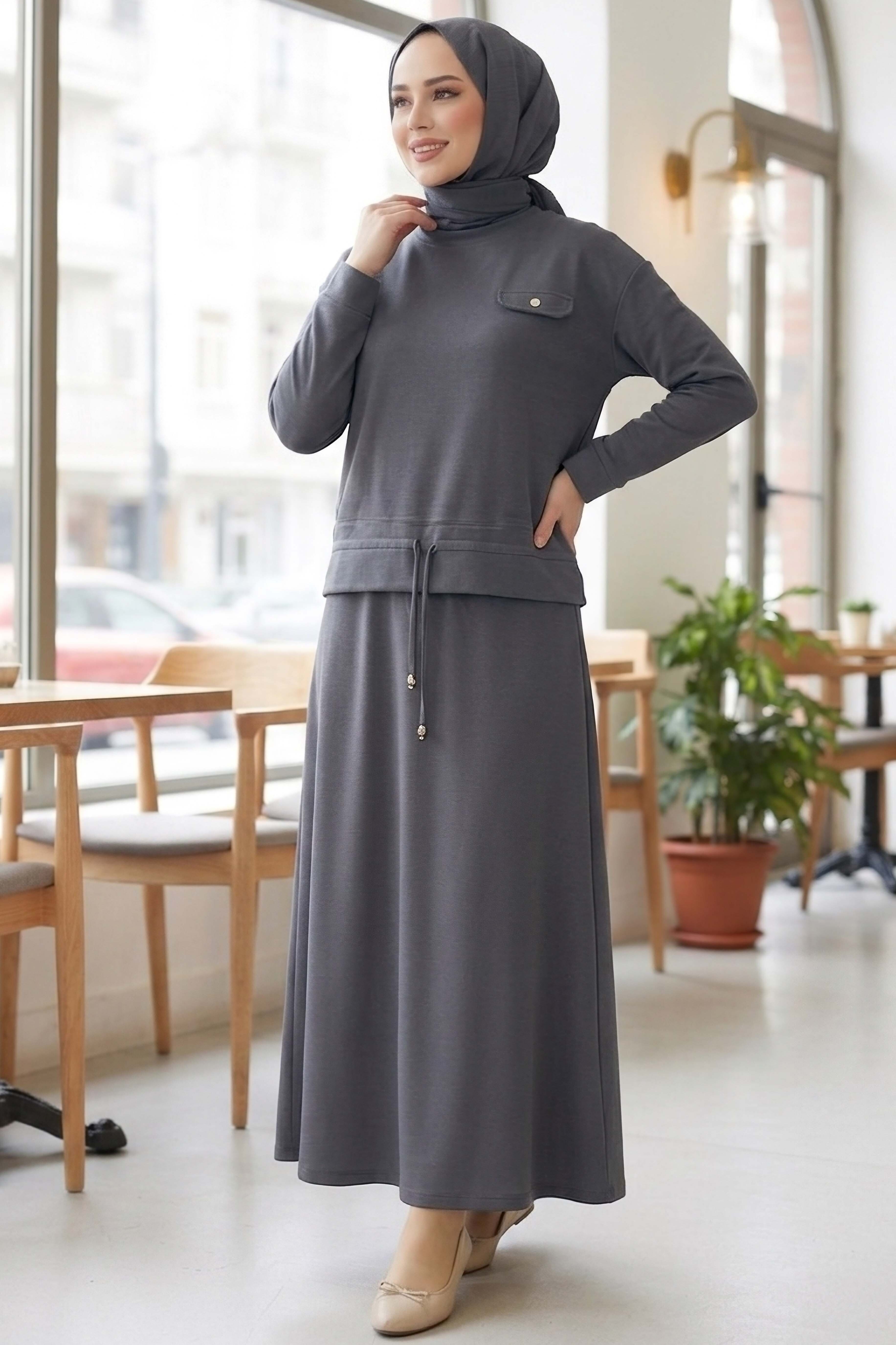 Cep Detaylı Bağcıklı Etek Takım - 2071-FUME - 2