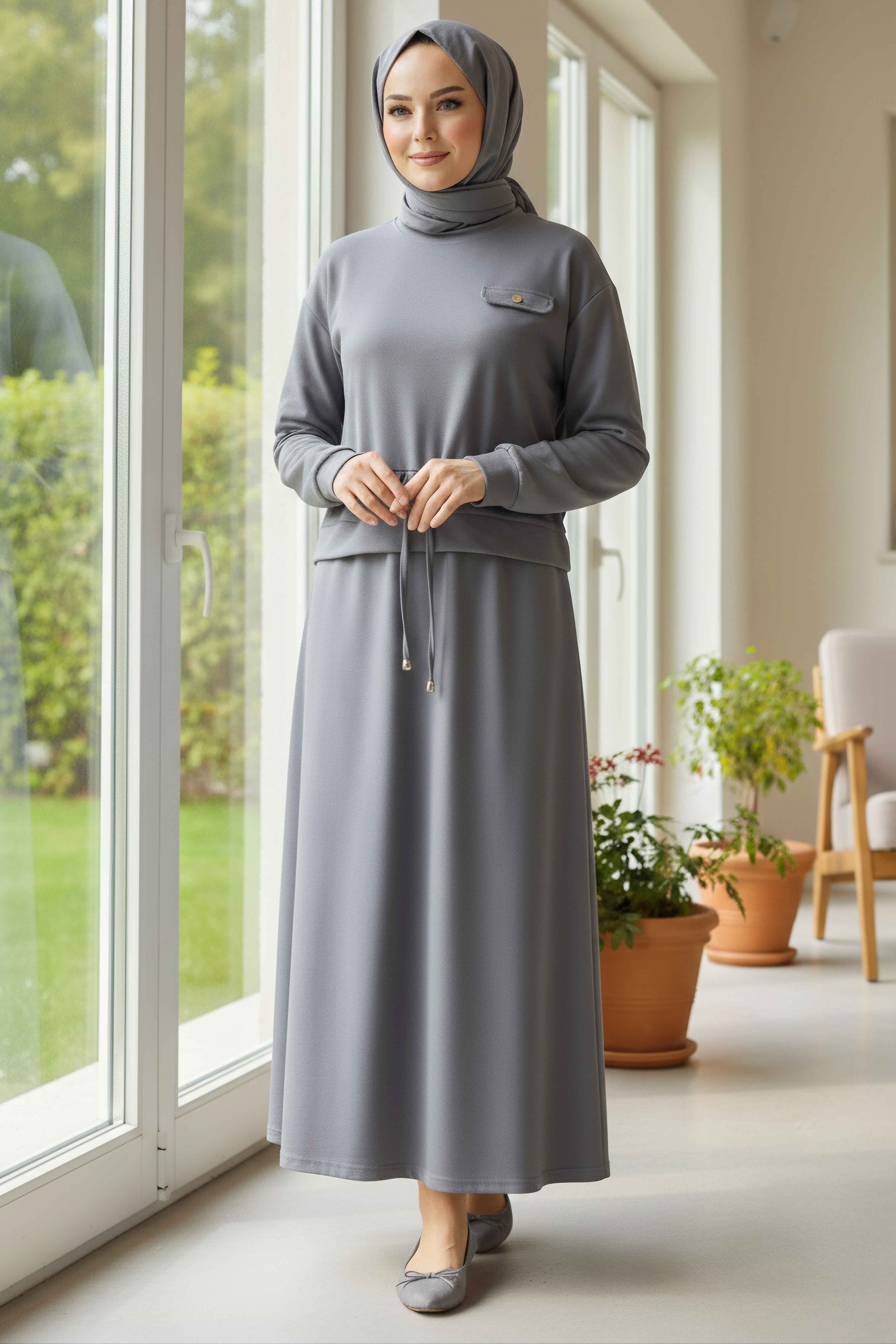 Cep Detaylı Bağcıklı Etek Takım - 2071-GRI - 1