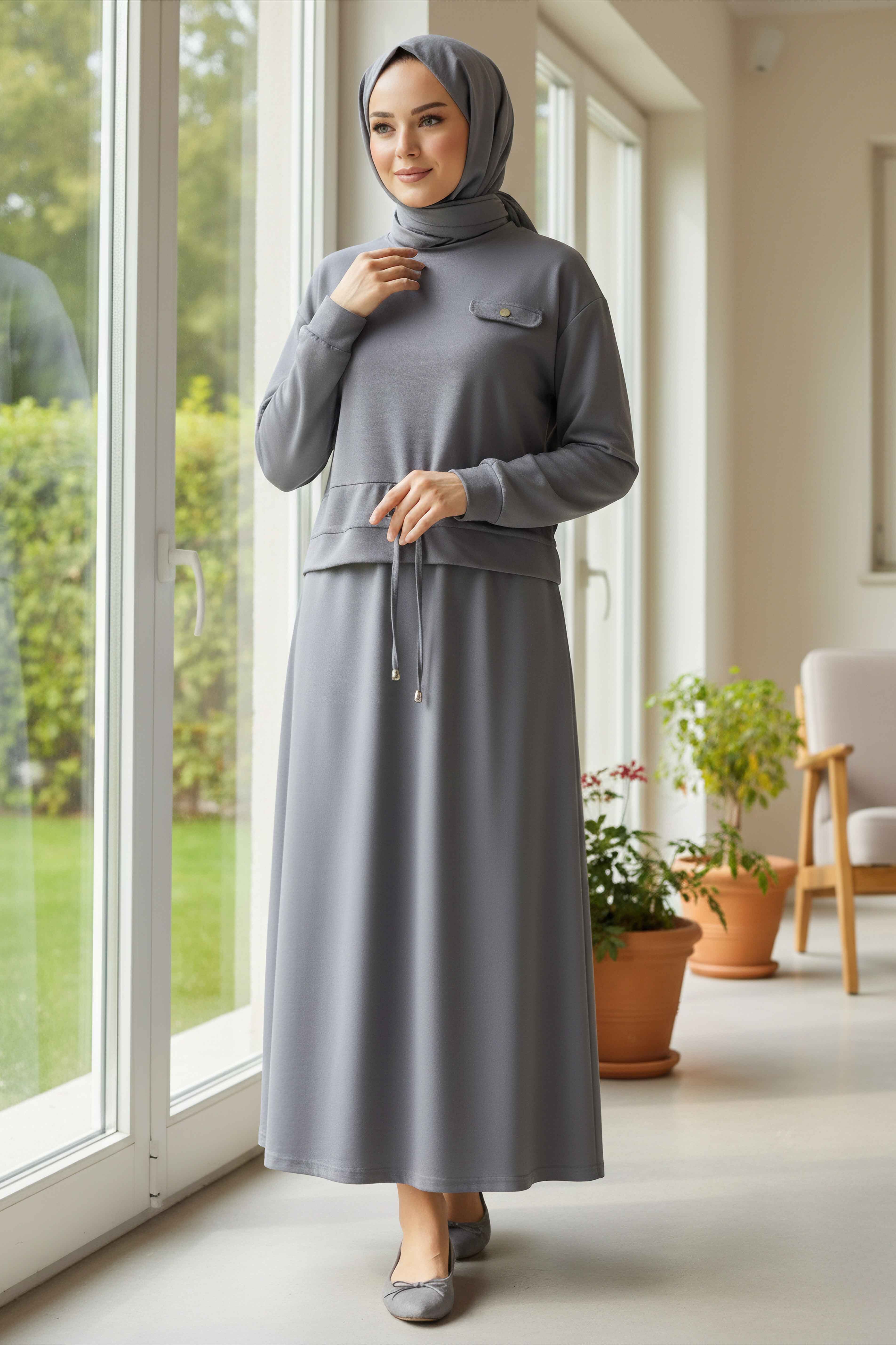 Cep Detaylı Bağcıklı Etek Takım - 2071-GRI - 2