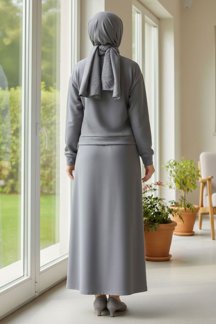 Cep Detaylı Bağcıklı Etek Takım - 2071-GRI - 3