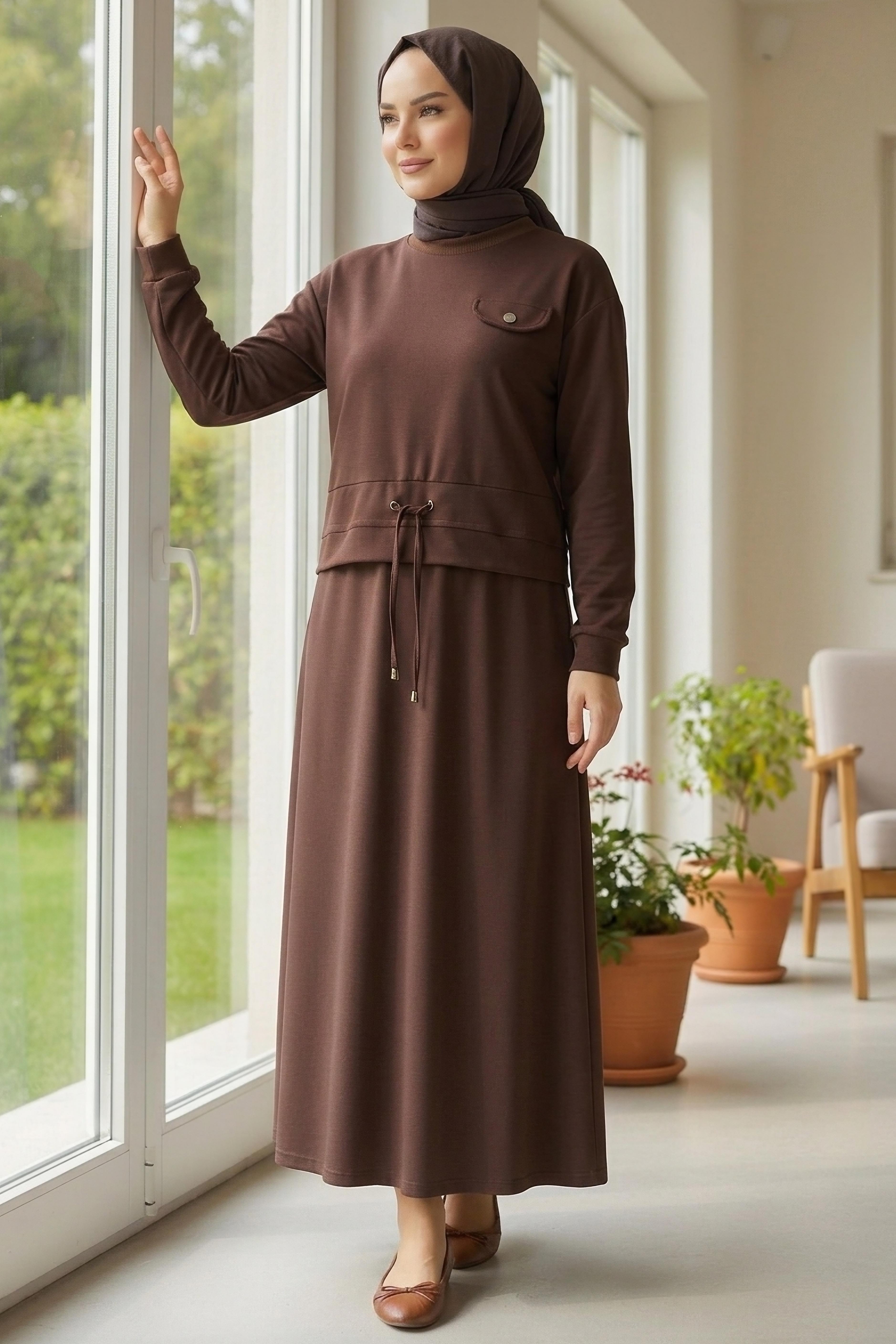 Cep Detaylı Bağcıklı Etek Takım - 2071-KAHVE - 1