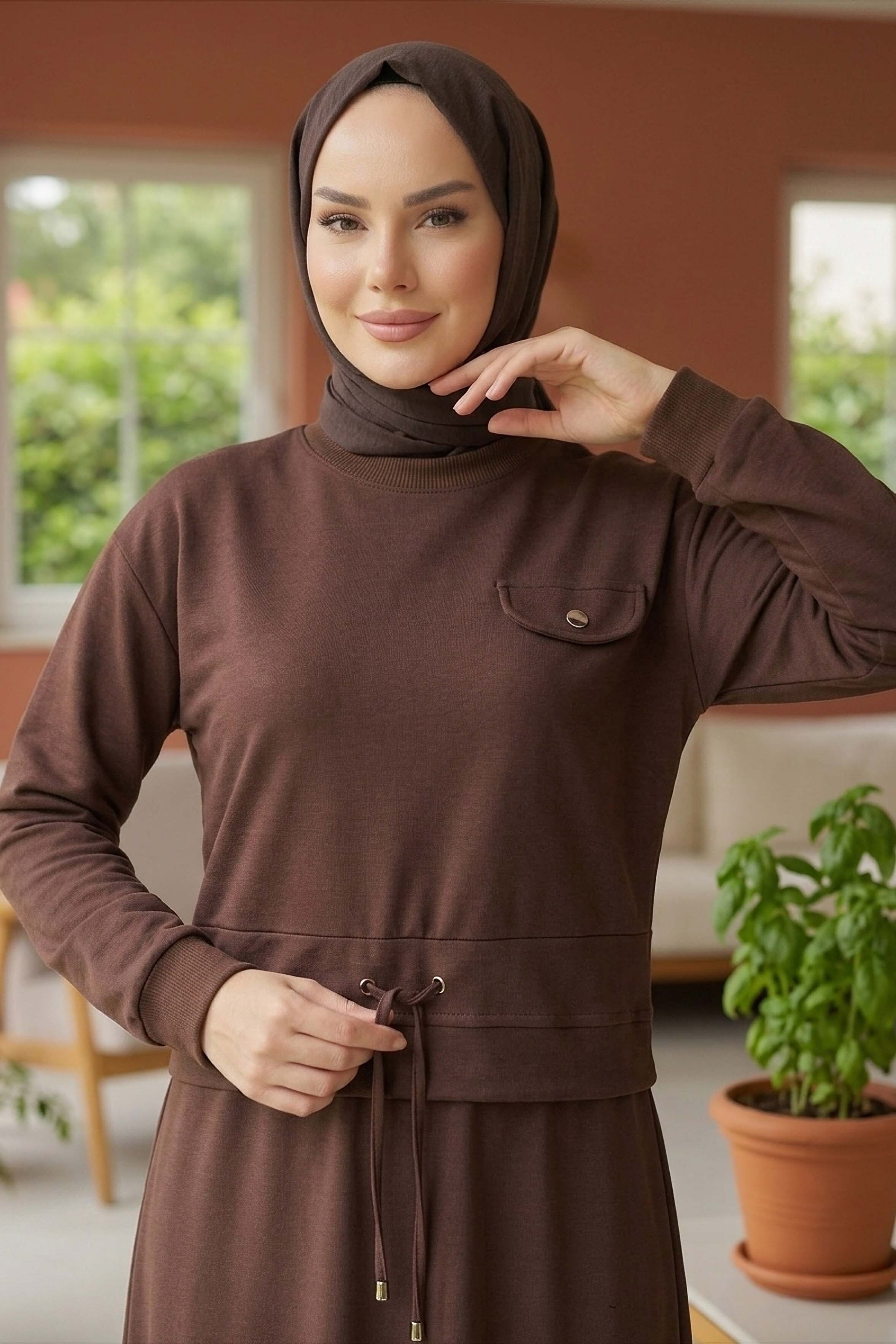 Cep Detaylı Bağcıklı Etek Takım - 2071-KAHVE - 2