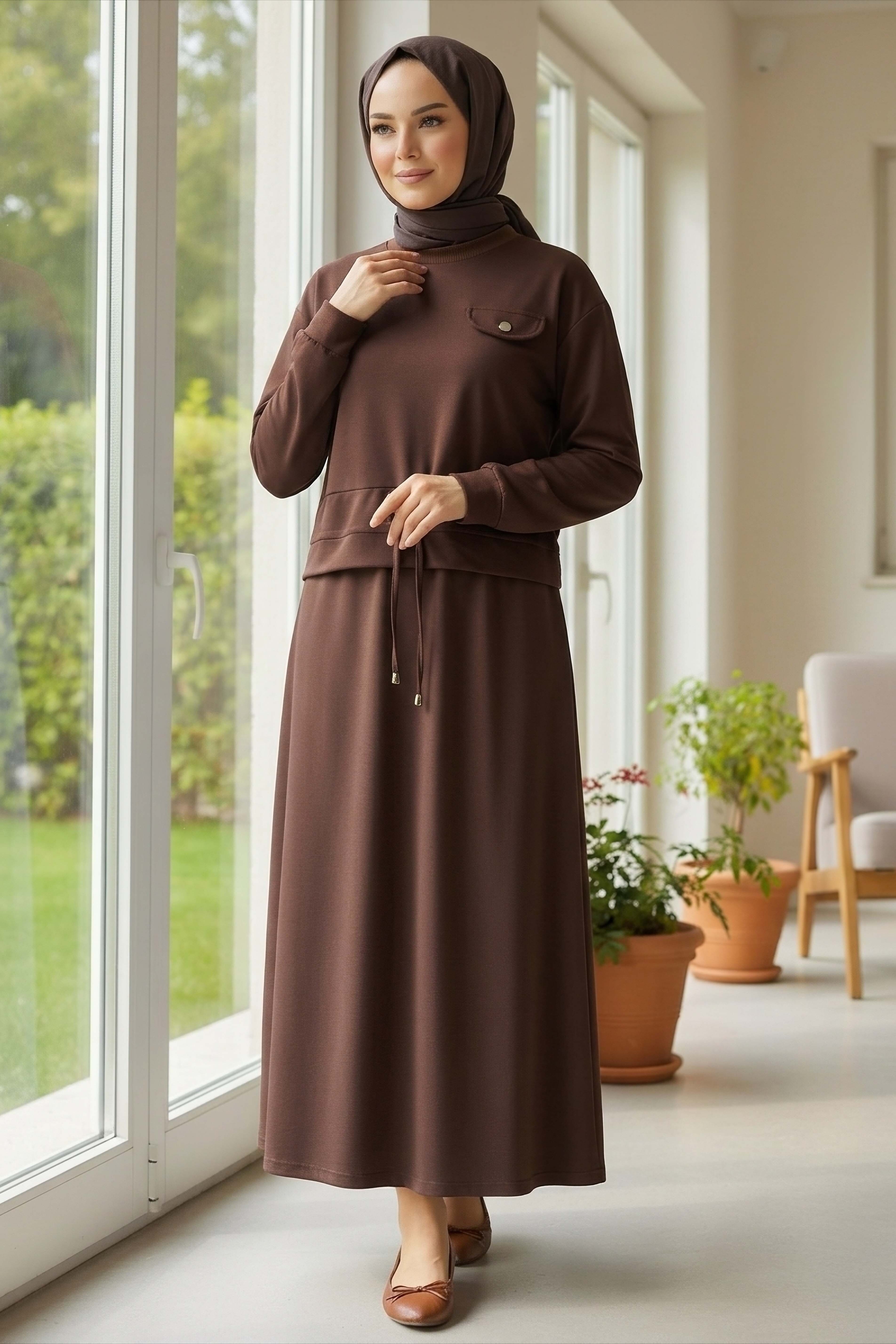 Cep Detaylı Bağcıklı Etek Takım - 2071-KAHVE - 3