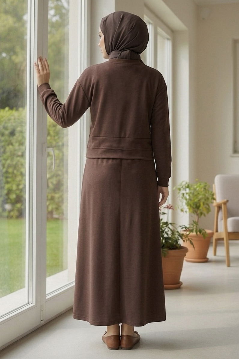 Cep Detaylı Bağcıklı Etek Takım - 2071-KAHVE - 4