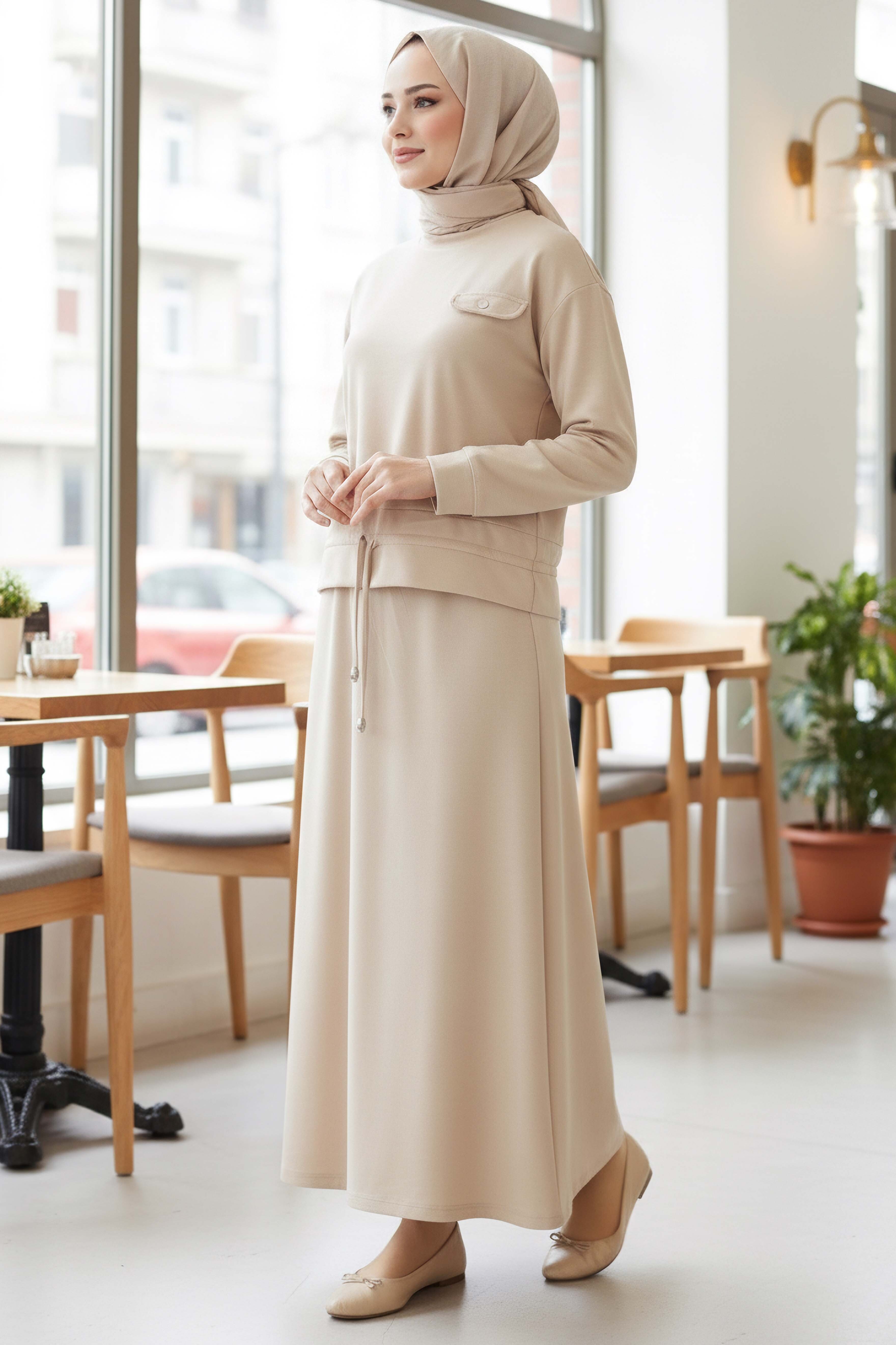 Cep Detaylı Bağcıklı Etek Takım - 2071-KREM - 1