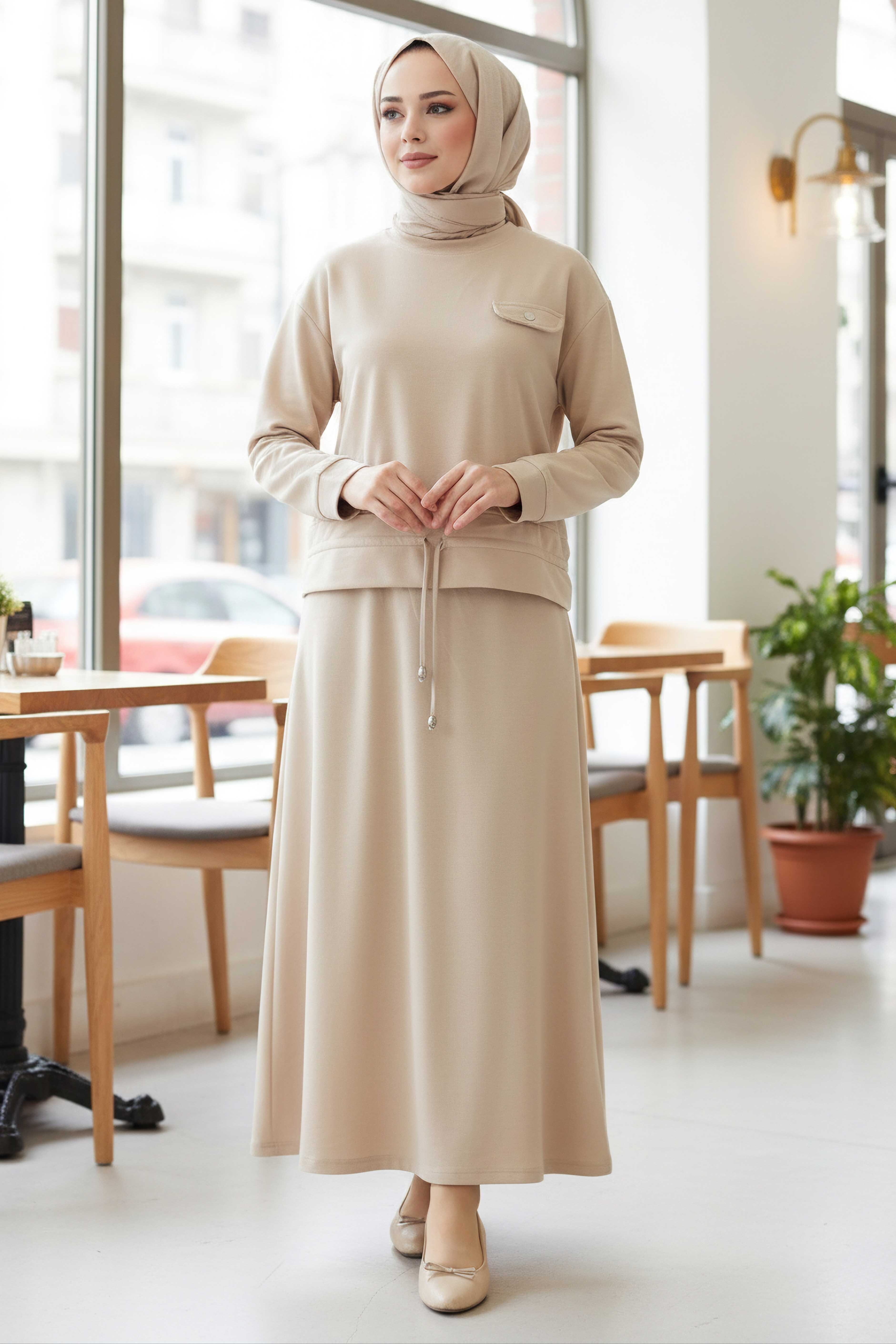 Cep Detaylı Bağcıklı Etek Takım - 2071-KREM - 2