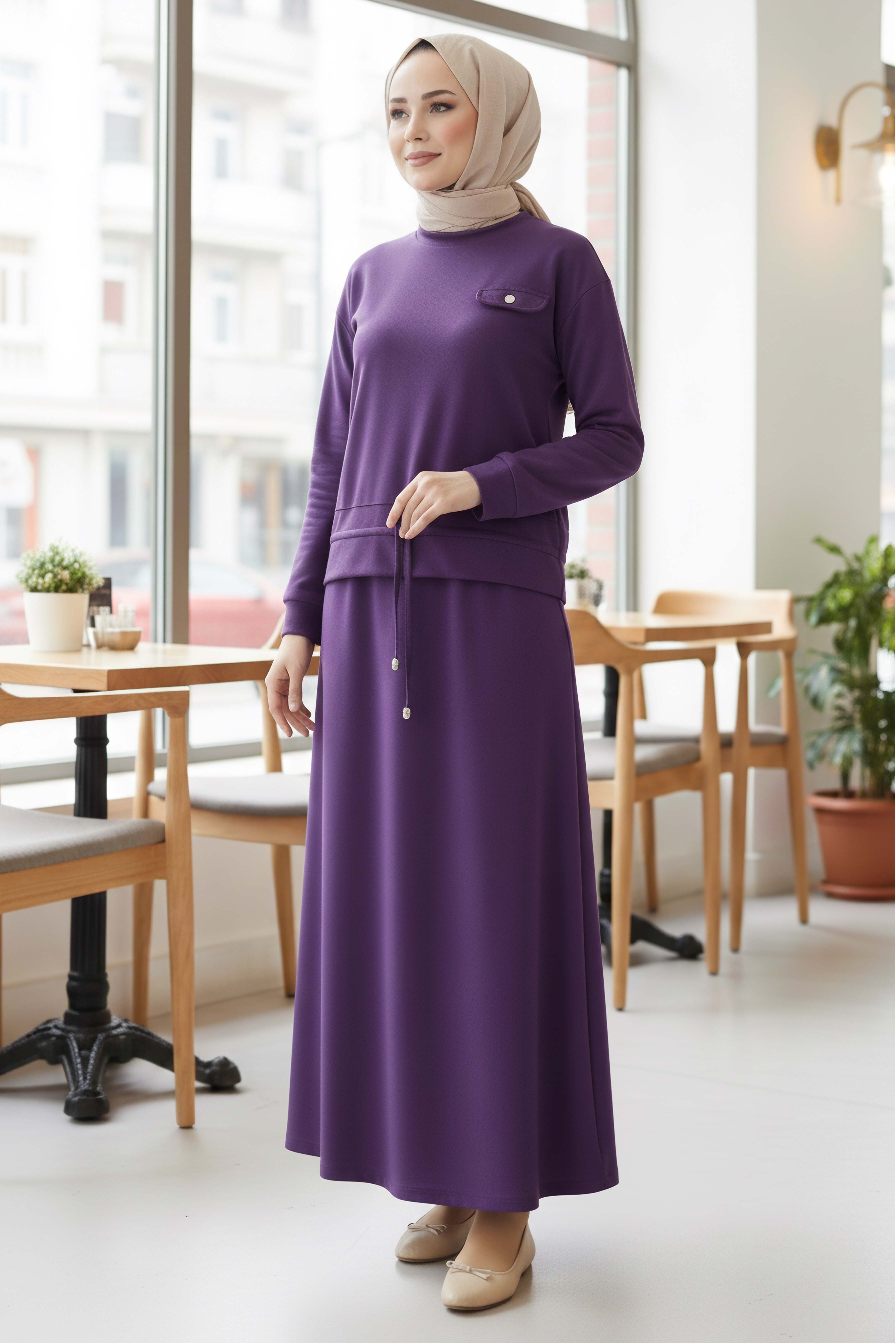 Cep Detaylı Bağcıklı Etek Takım - 2071-MOR - 1