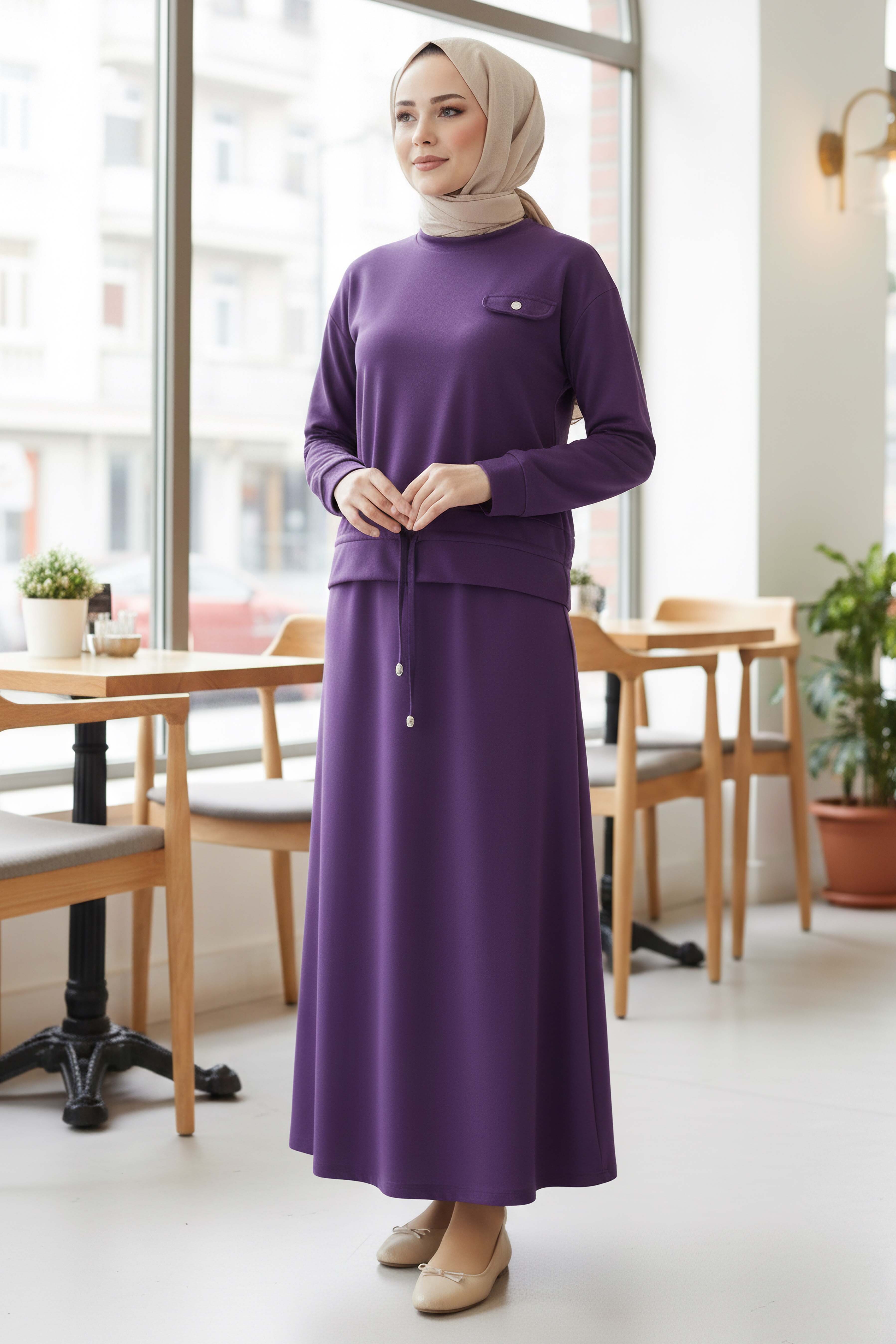 Cep Detaylı Bağcıklı Etek Takım - 2071-MOR - 2