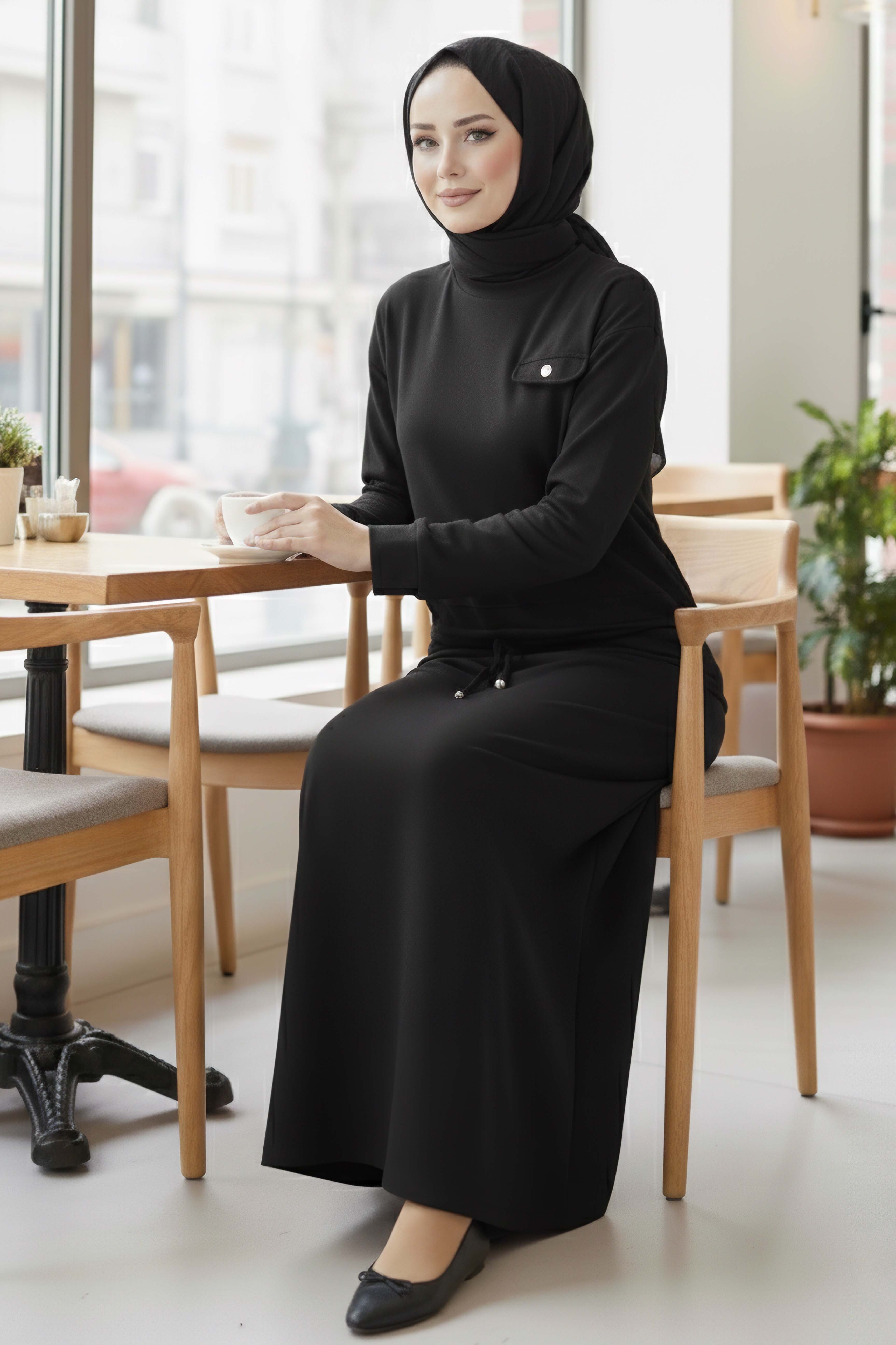 Cep Detaylı Bağcıklı Etek Takım - 2071-SIYAH - 1