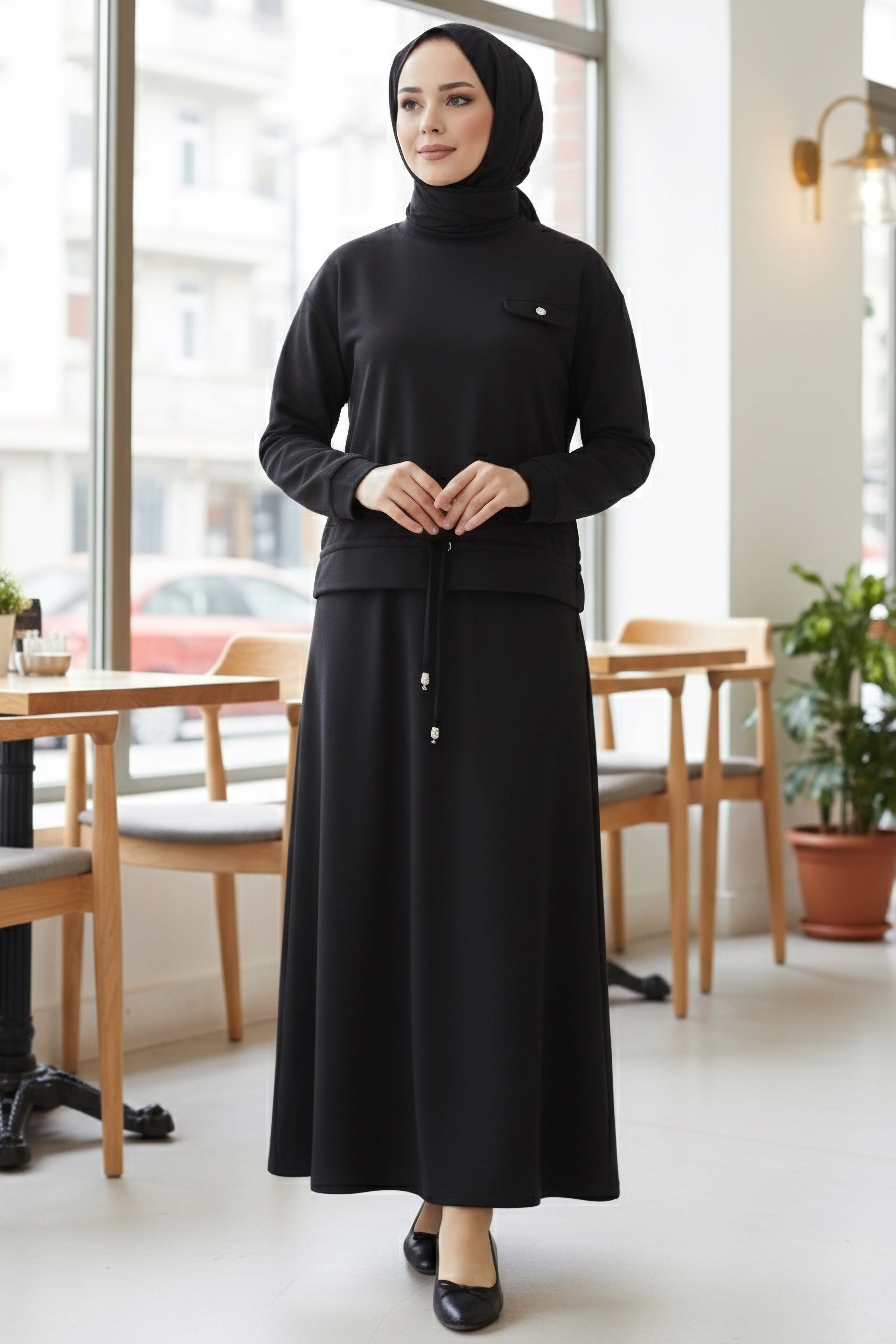 Cep Detaylı Bağcıklı Etek Takım - 2071-SIYAH - 2