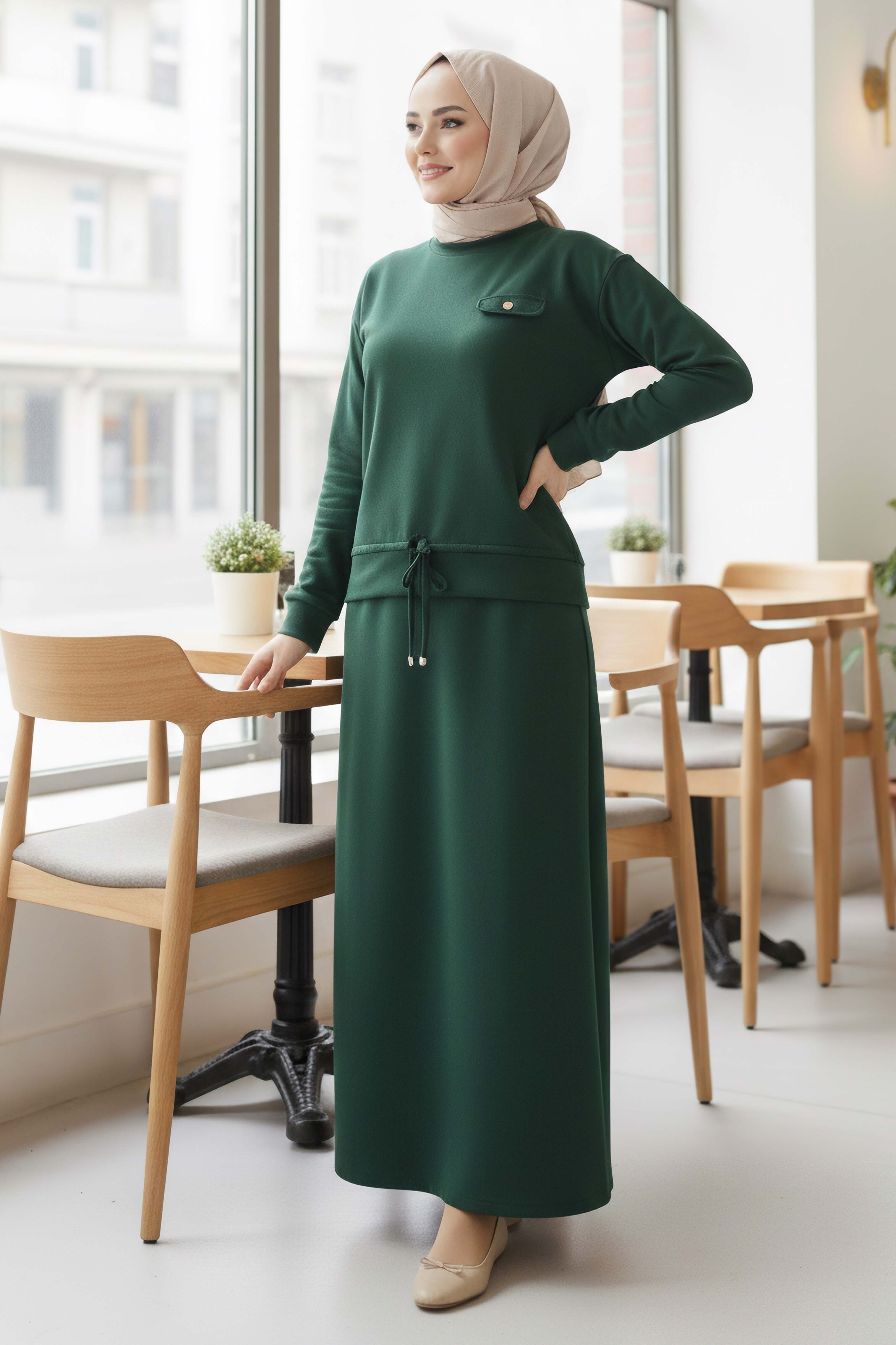 Cep Detaylı Bağcıklı Etek Takım - 2071-ZUMRUT - 1