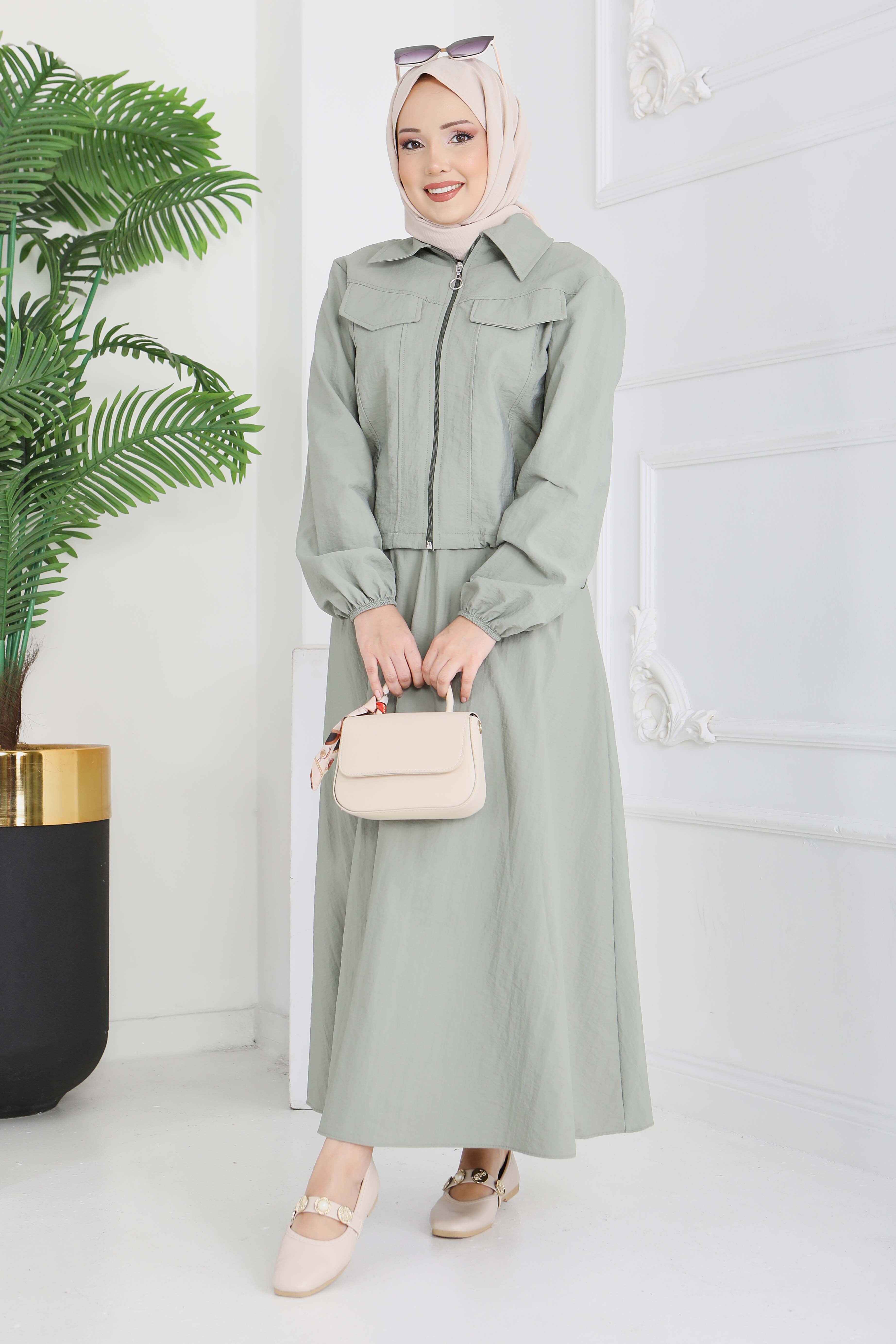 Cep Detaylı Fermuarlı İkili Takım - 28215-HAKI - 2