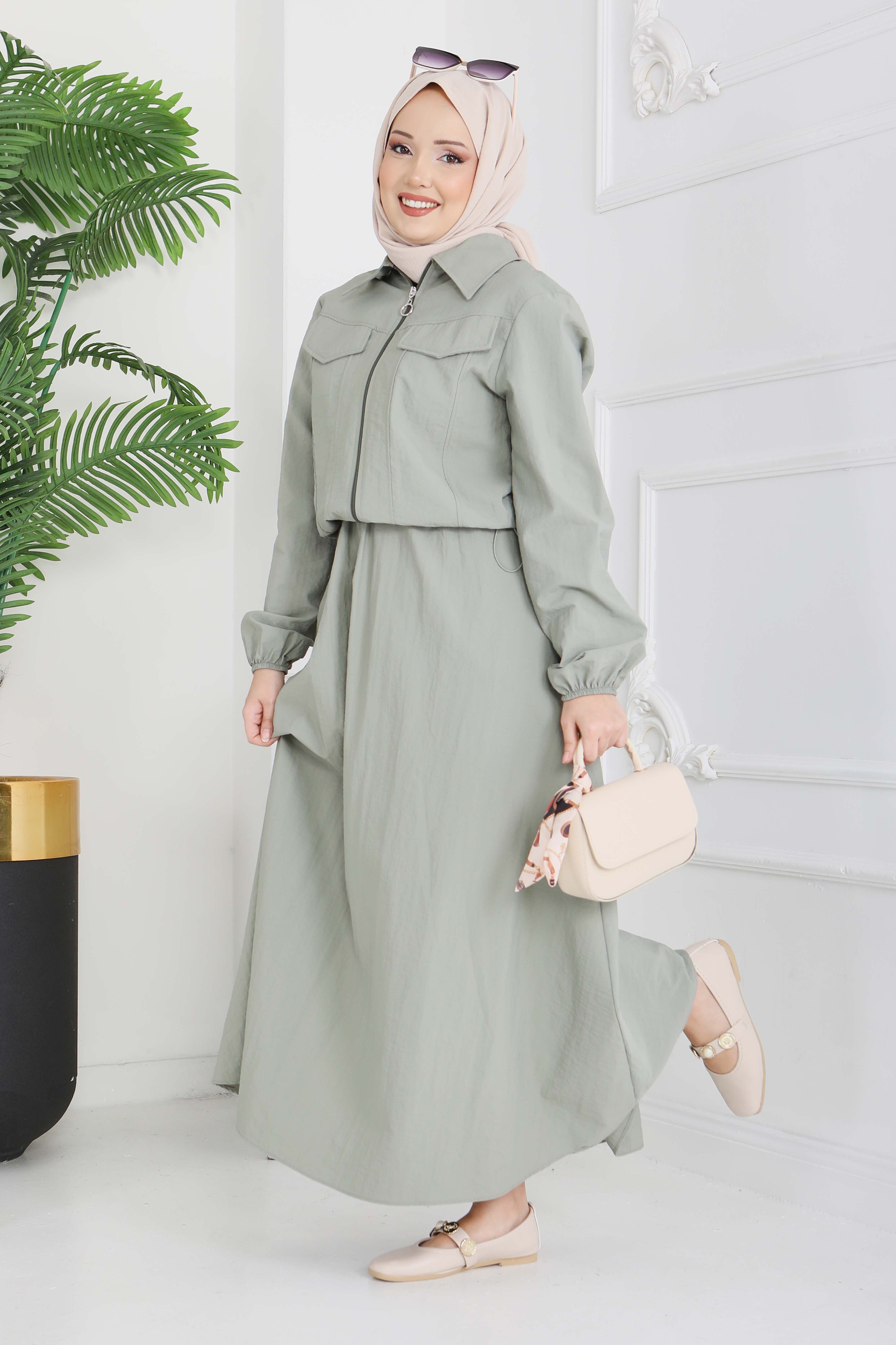 Cep Detaylı Fermuarlı İkili Takım - 28215-HAKI - 1