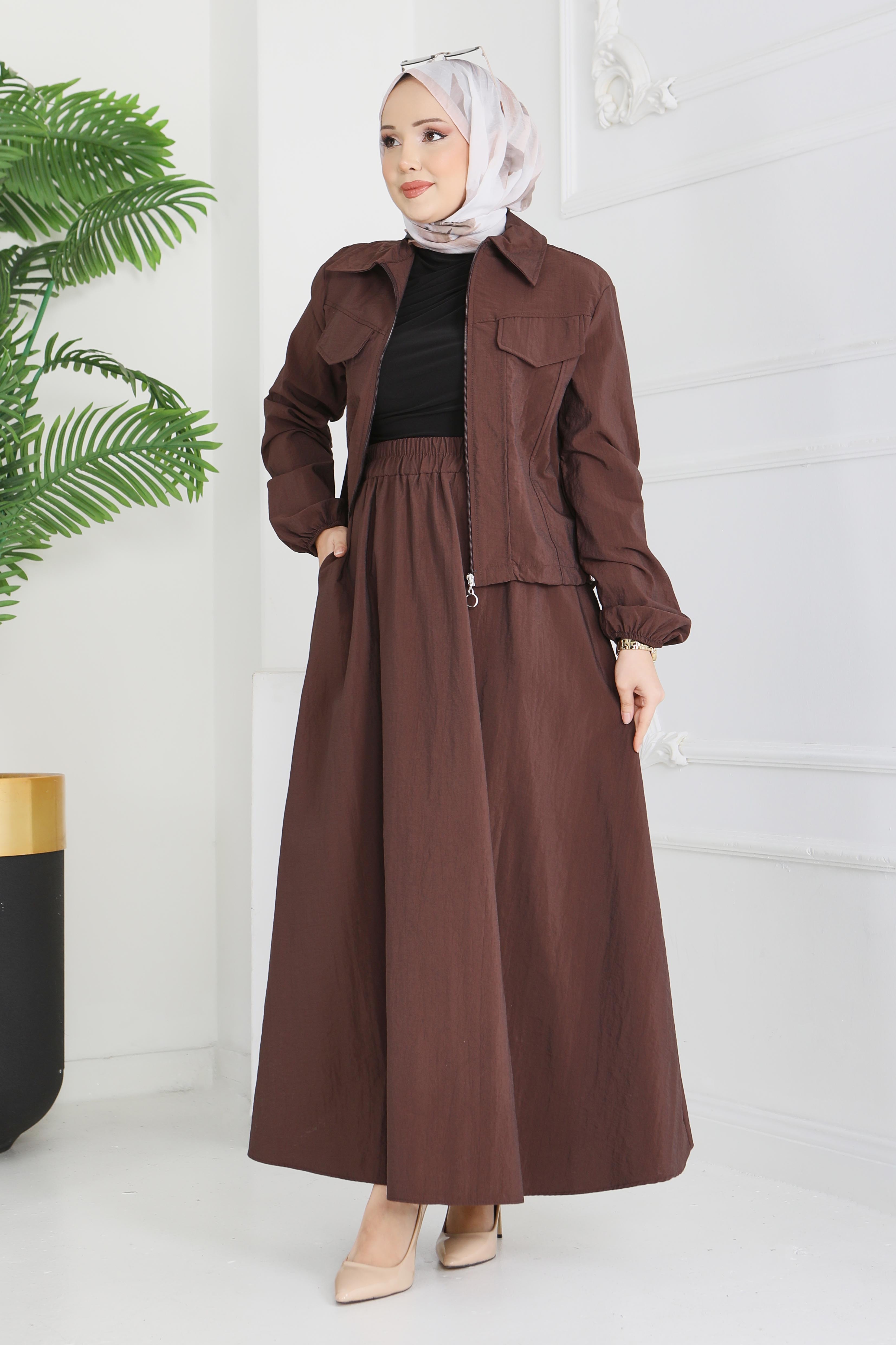 Cep Detaylı Fermuarlı İkili Takım - 28215-KAHVE - 1