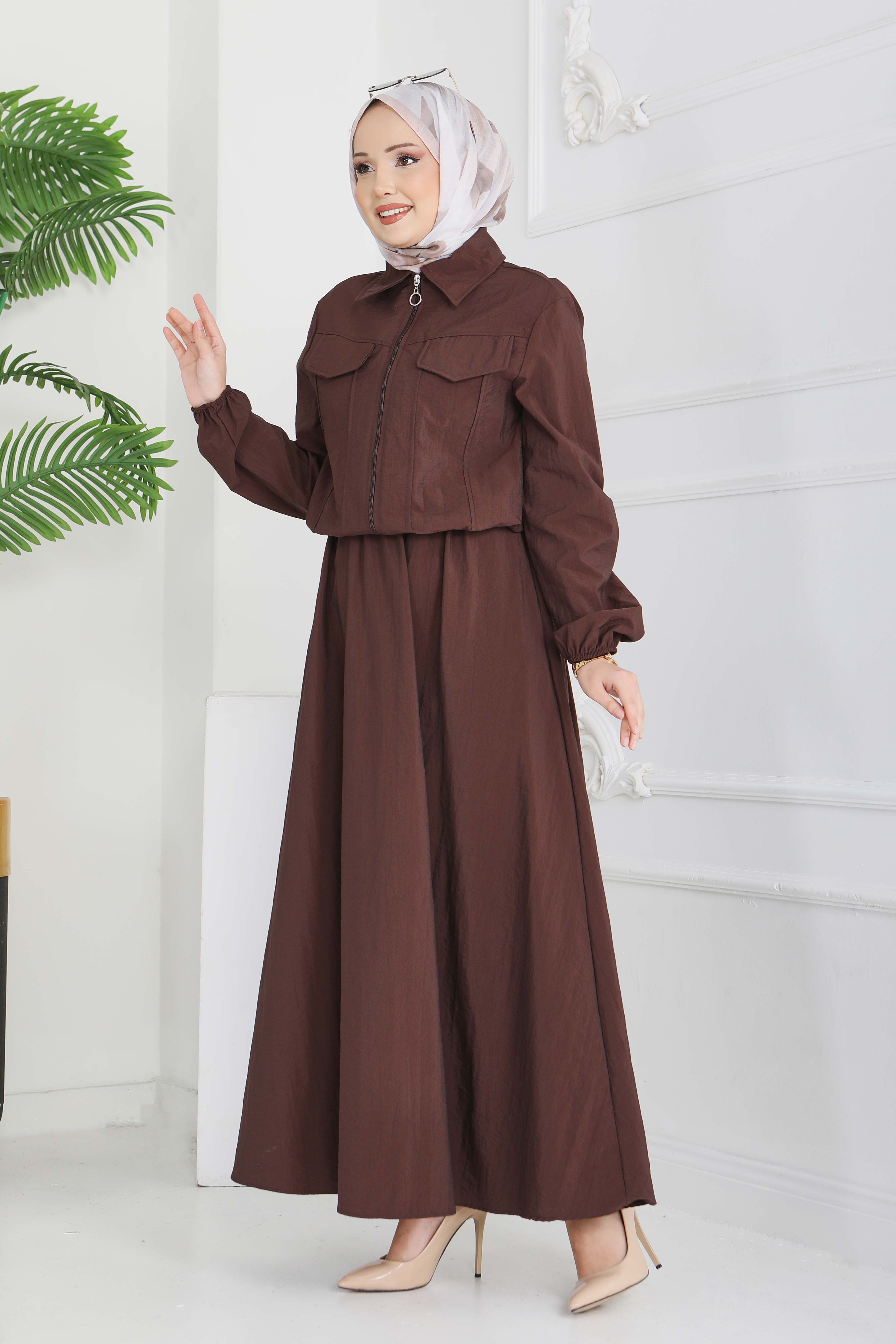 Cep Detaylı Fermuarlı İkili Takım - 28215-KAHVE - 2