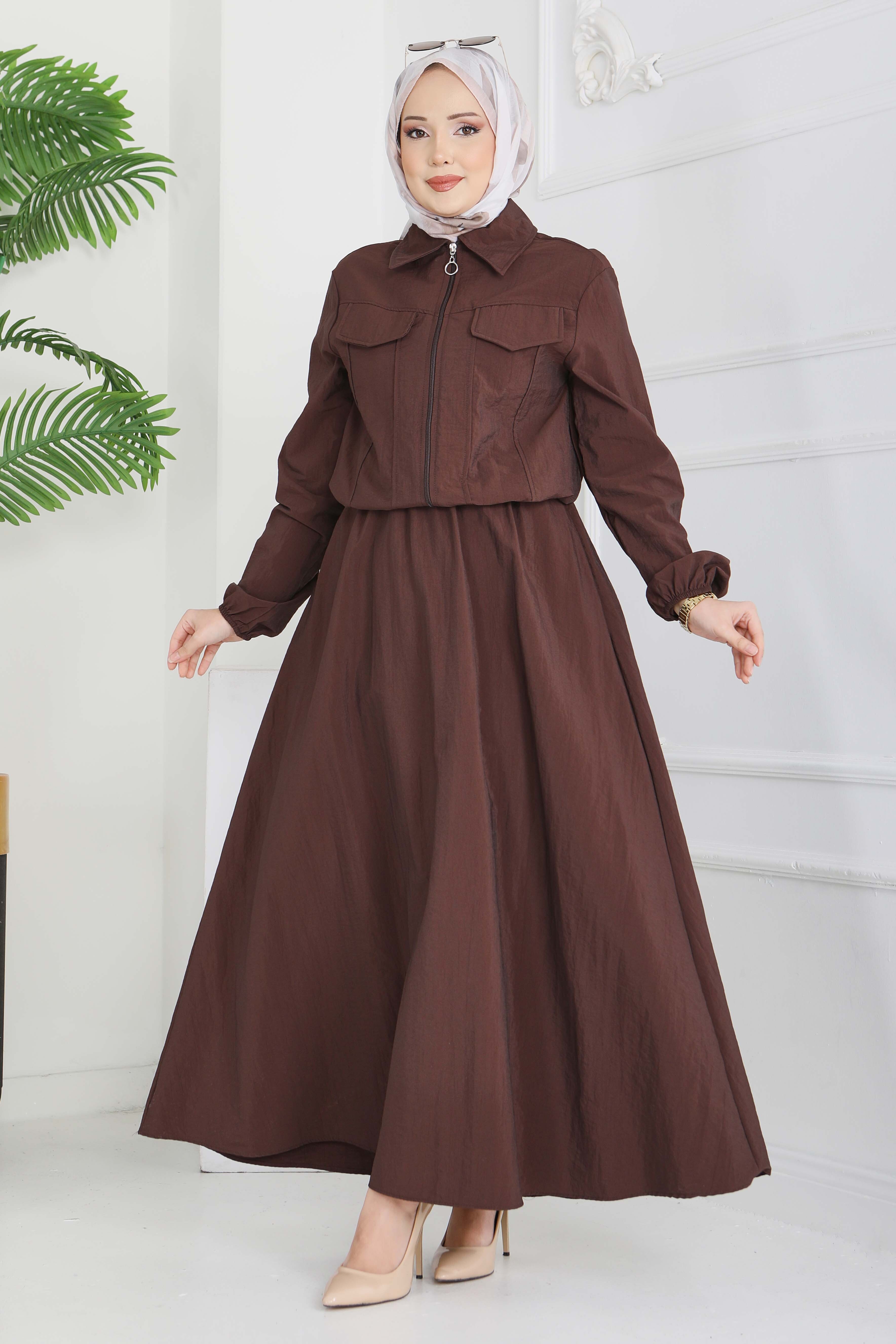 Cep Detaylı Fermuarlı İkili Takım - 28215-KAHVE - 5