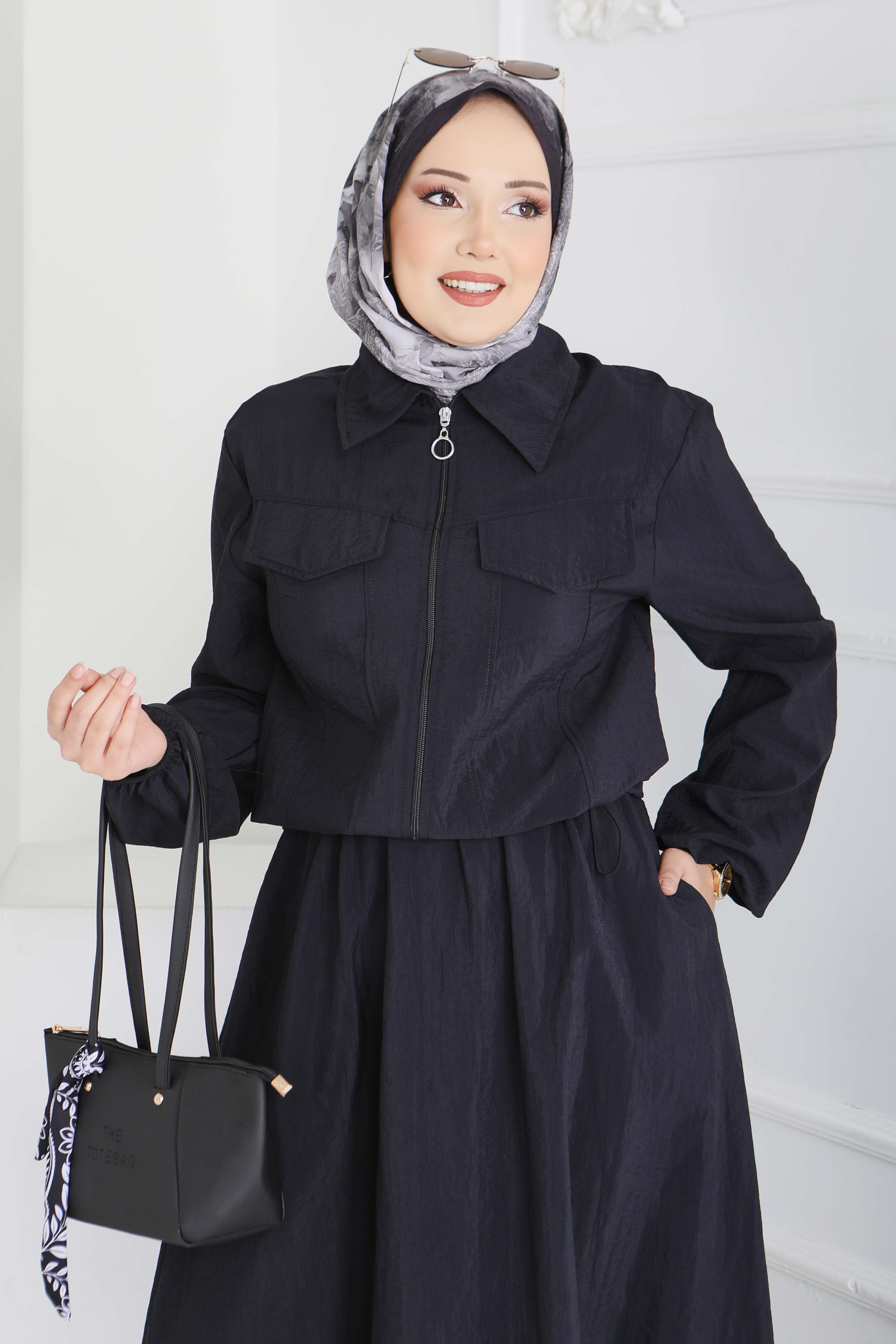 Cep Detaylı Fermuarlı İkili Takım - 28215-SIYAH - 2