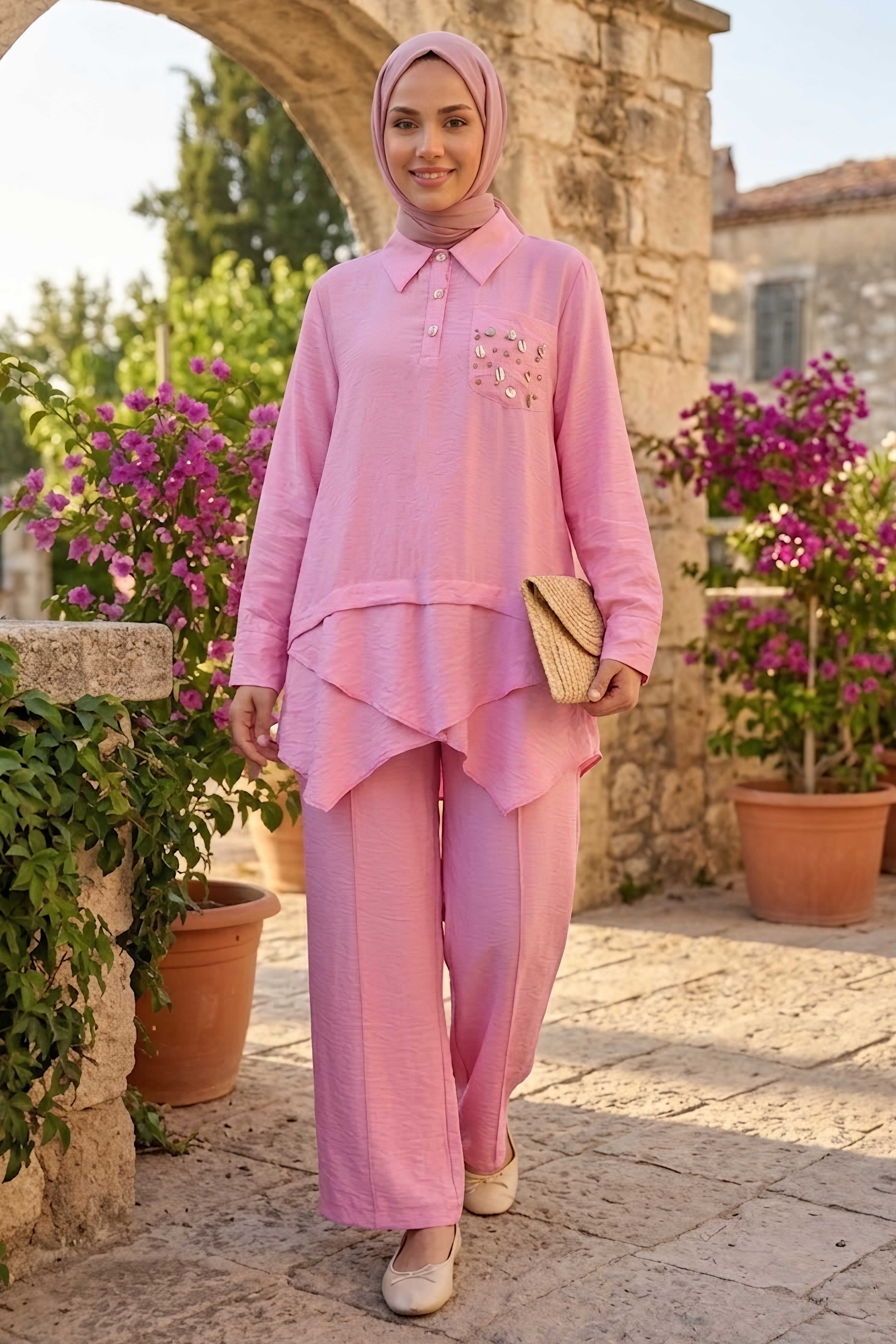 Cep Detaylı İkili Takım Pembe - 28544-PEMBE - 2