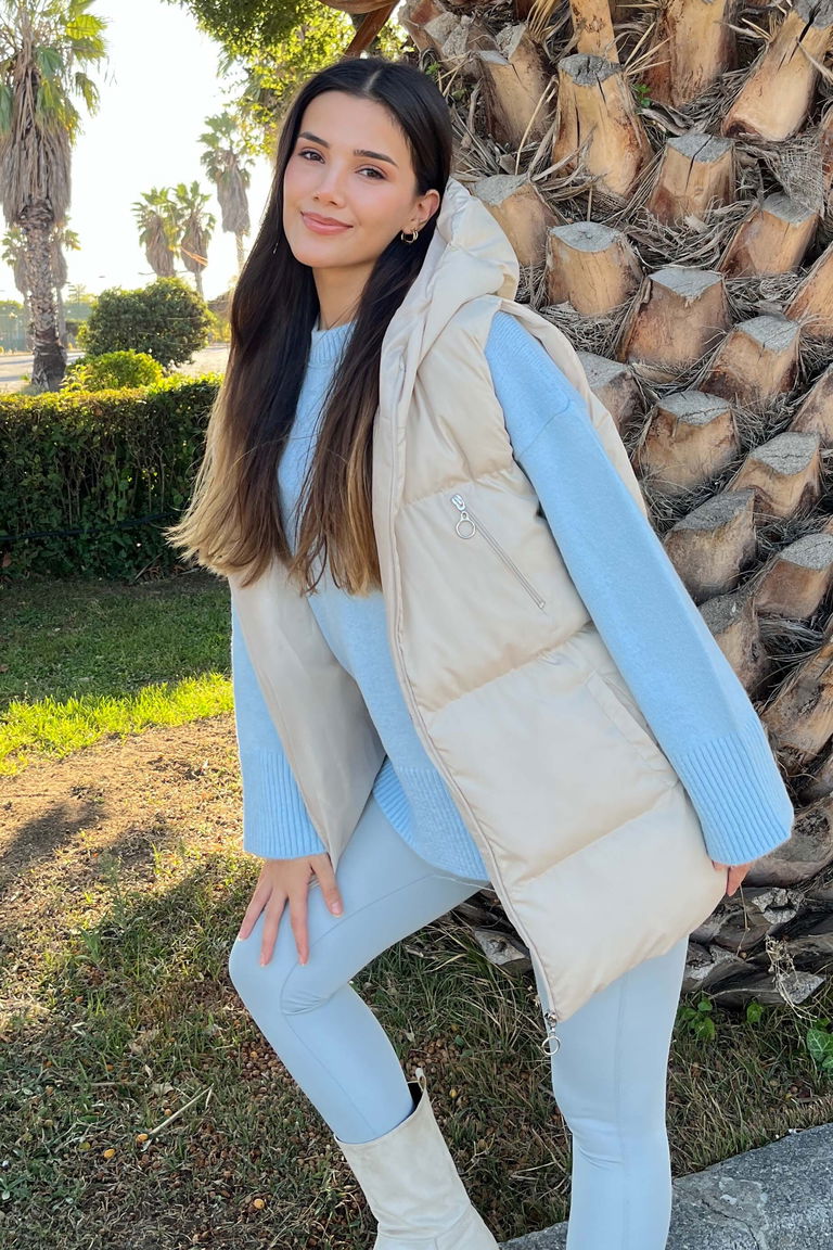 Cep Detaylı Şişme Kapitone Yelek - 27768-KREM - TOFİSA