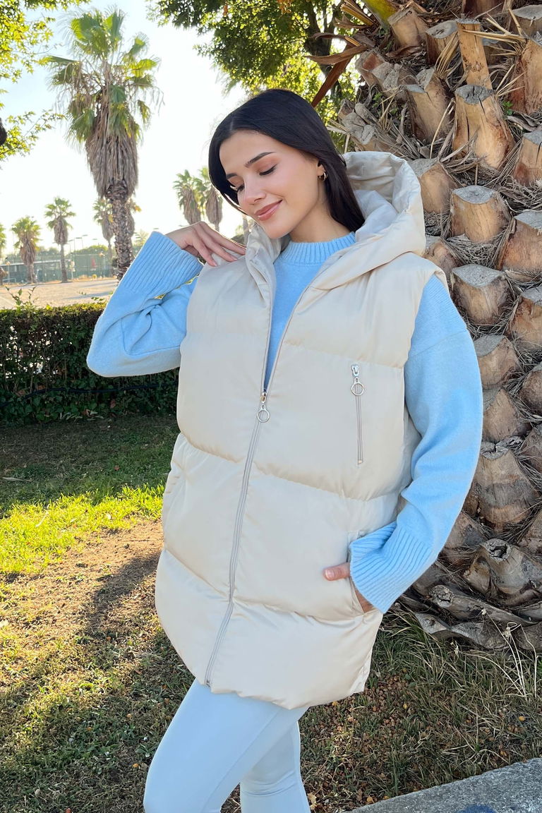 Cep Detaylı Şişme Kapitone Yelek - 27768-KREM - TOFİSA