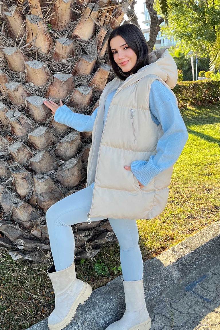 Cep Detaylı Şişme Kapitone Yelek - 27768-KREM - TOFİSA