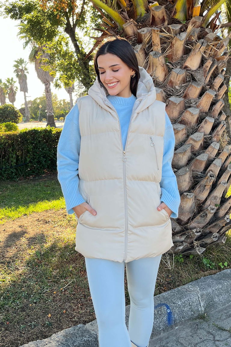 Cep Detaylı Şişme Kapitone Yelek - 27768-KREM - TOFİSA