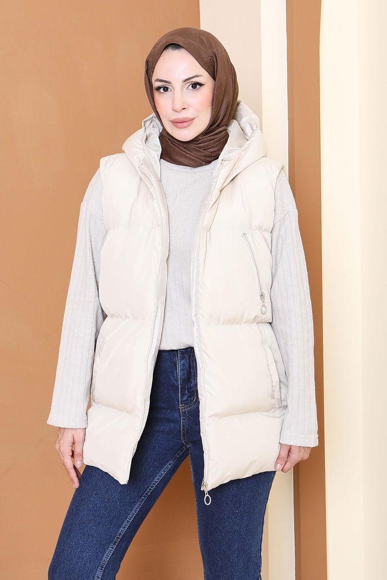 Cep Detaylı Şişme Kapitone Yelek - 27769-KREM - TOFİSA