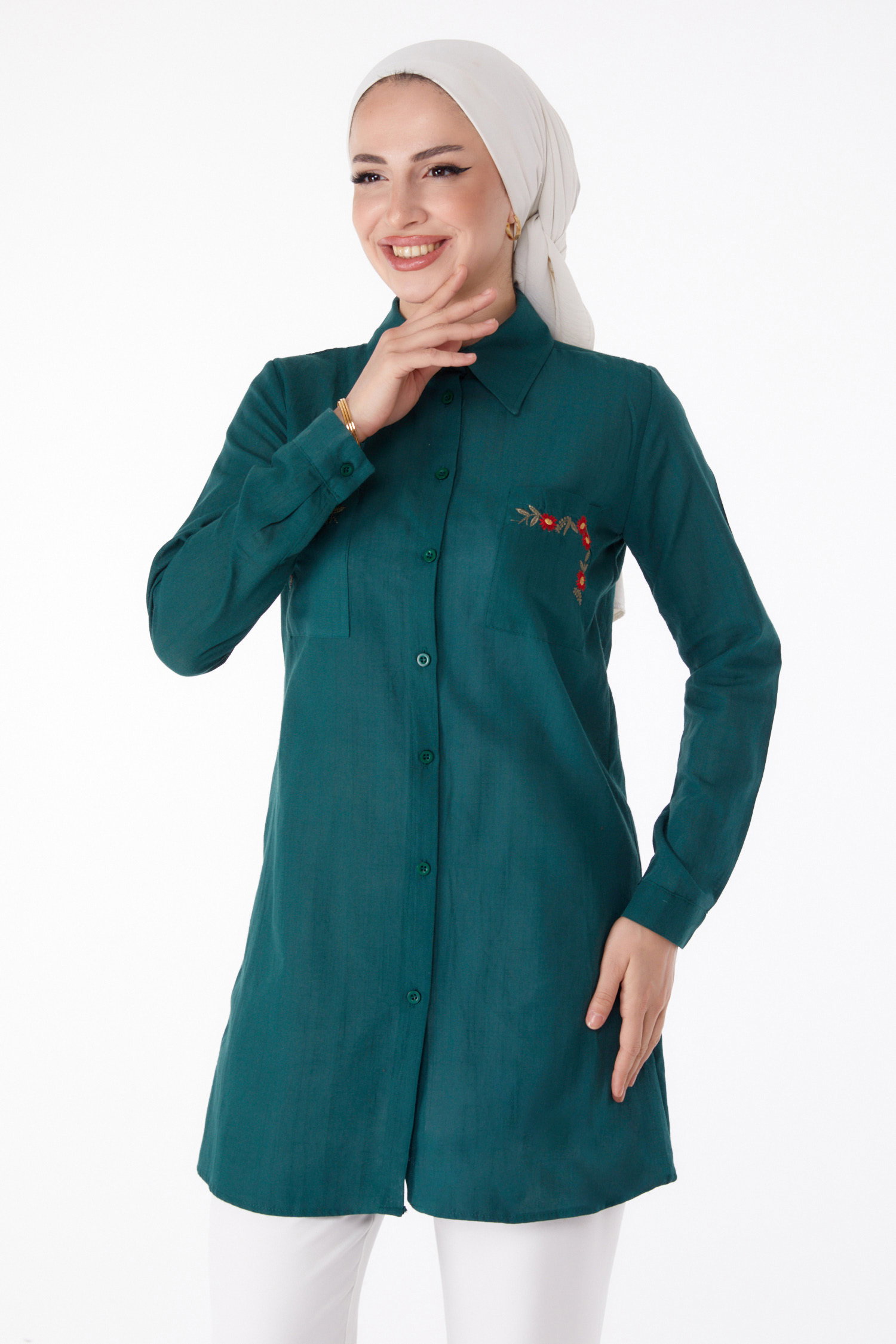 Cep Nakış Detaylı Tunik - 13170-ZUMRUT - 1