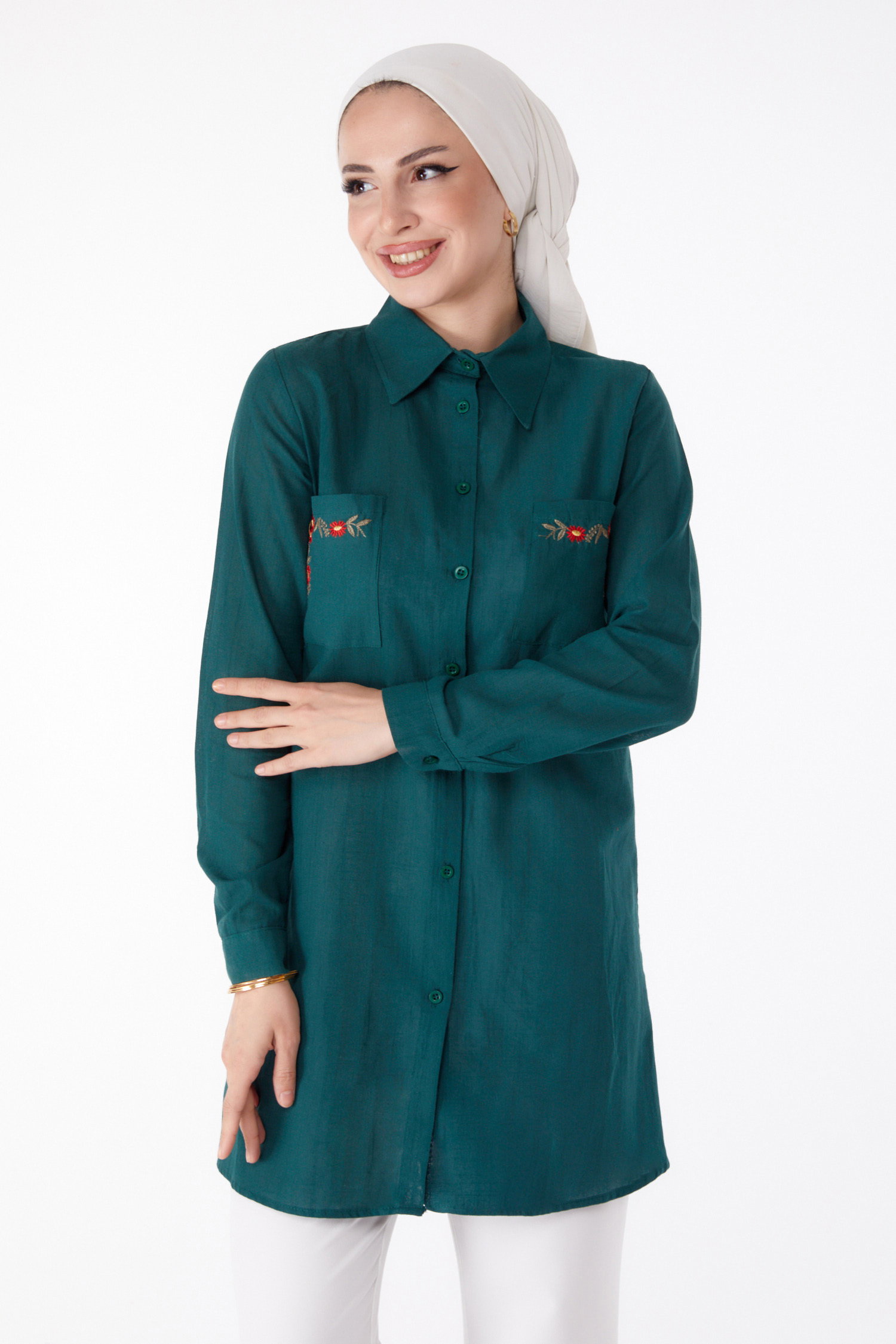 Cep Nakış Detaylı Tunik - 13170-ZUMRUT - 2