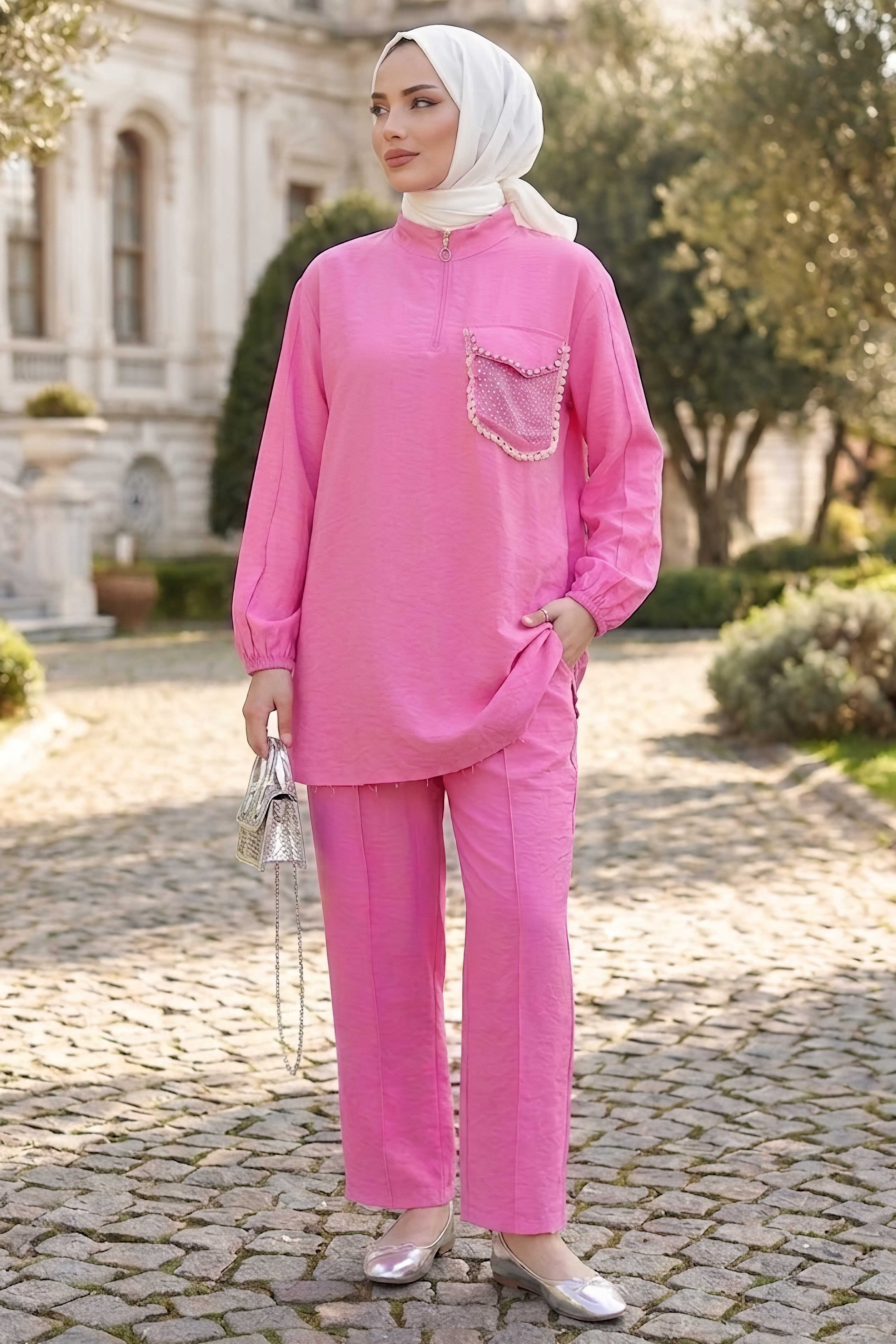 Cep Taş Detaylı İkili Takım Pembe - 28715-PEMBE - 1