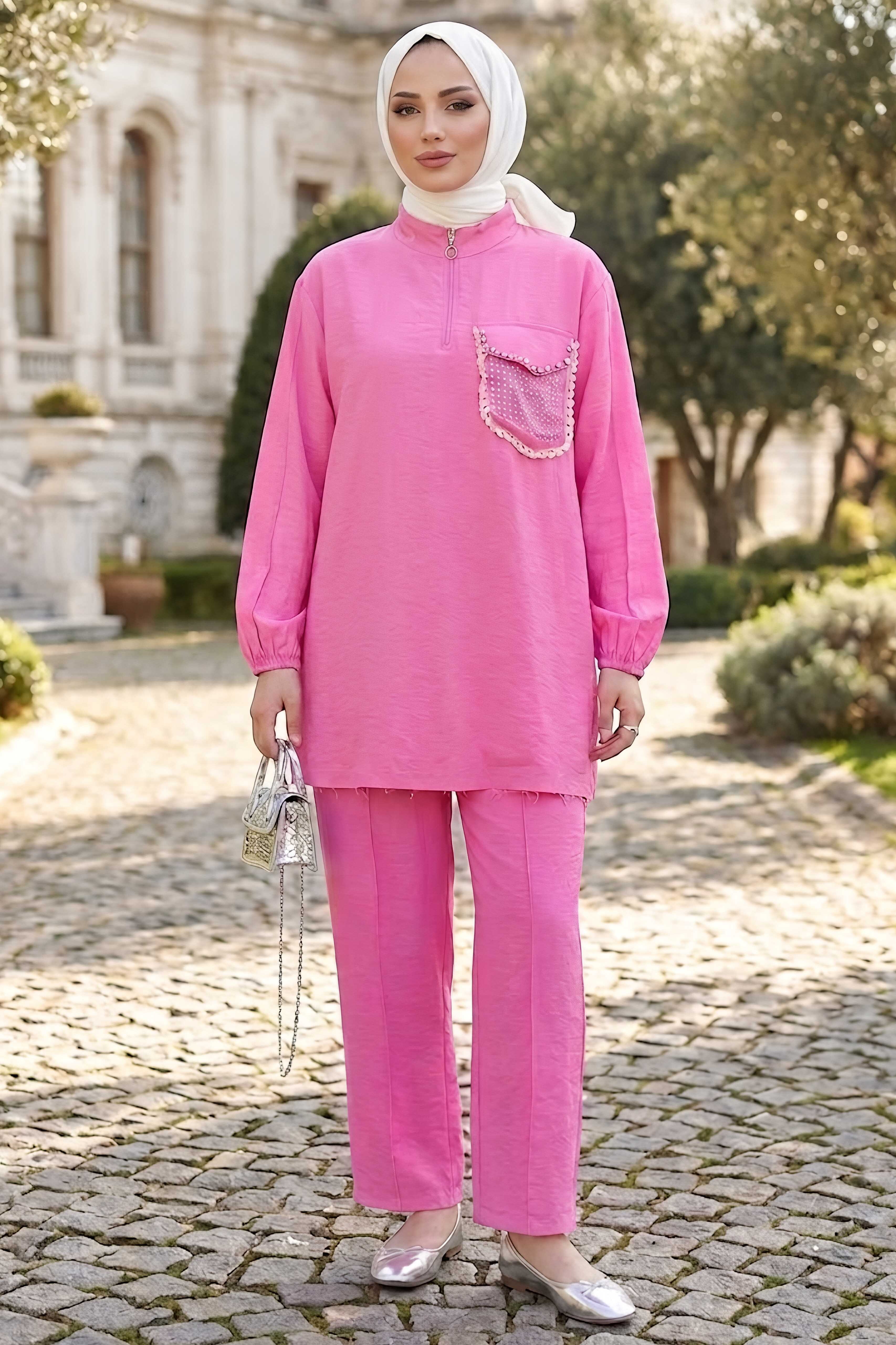 Cep Taş Detaylı İkili Takım Pembe - 28715-PEMBE - 2