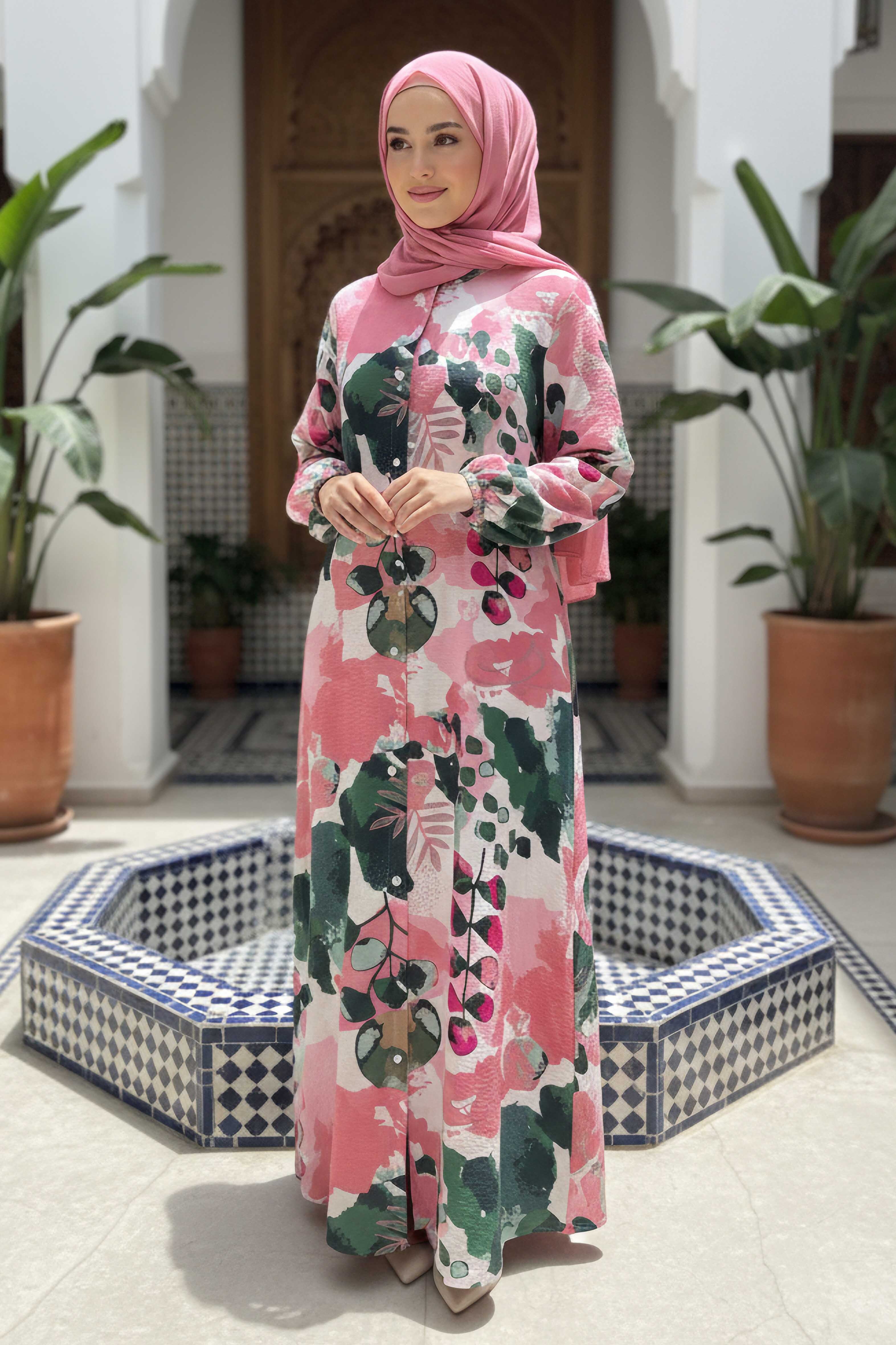 Cepli Baskılı Desenli Keten Elbise - 28293-GUL-KURUSU - 1