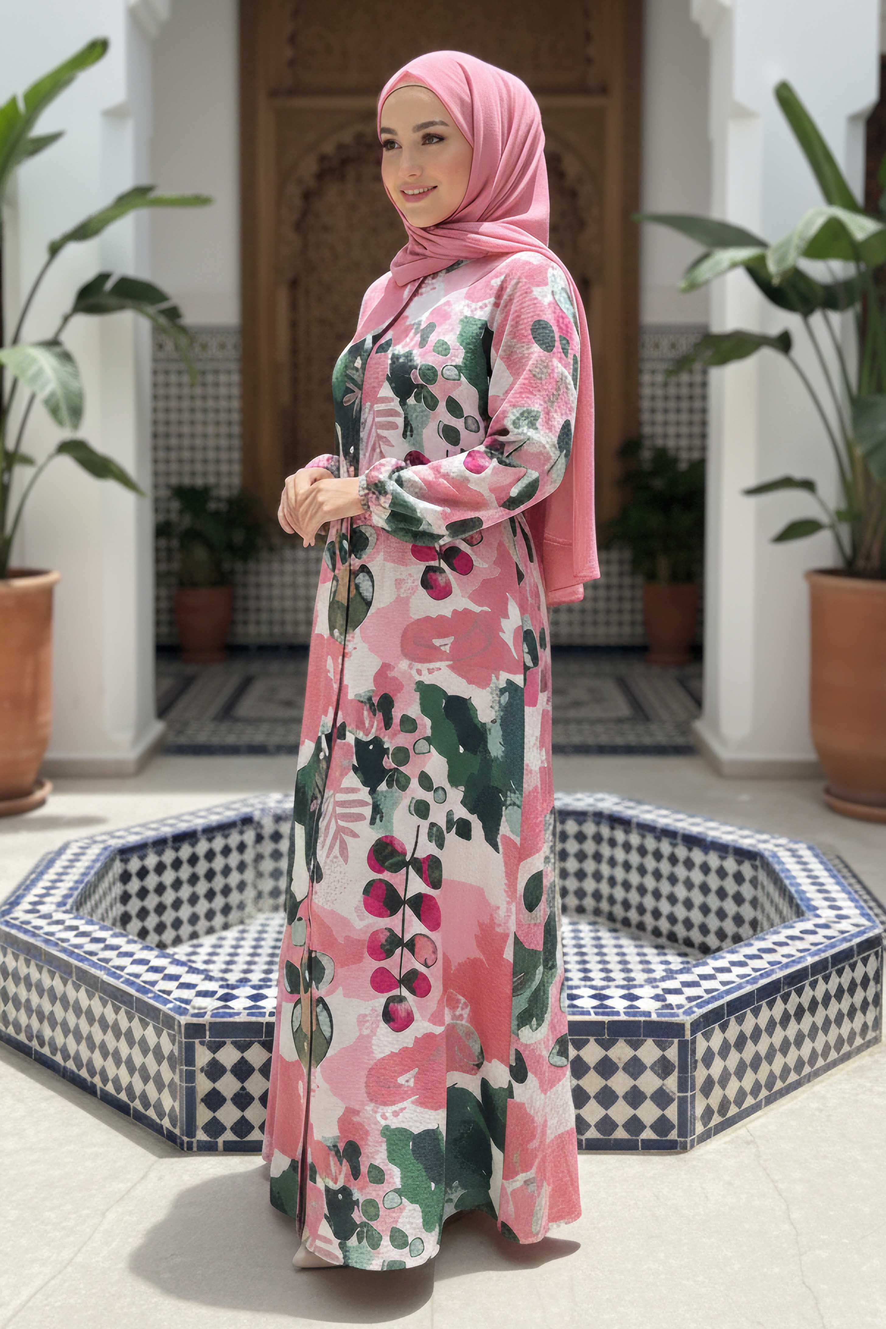 Cepli Baskılı Desenli Keten Elbise - 28293-GUL-KURUSU - 2