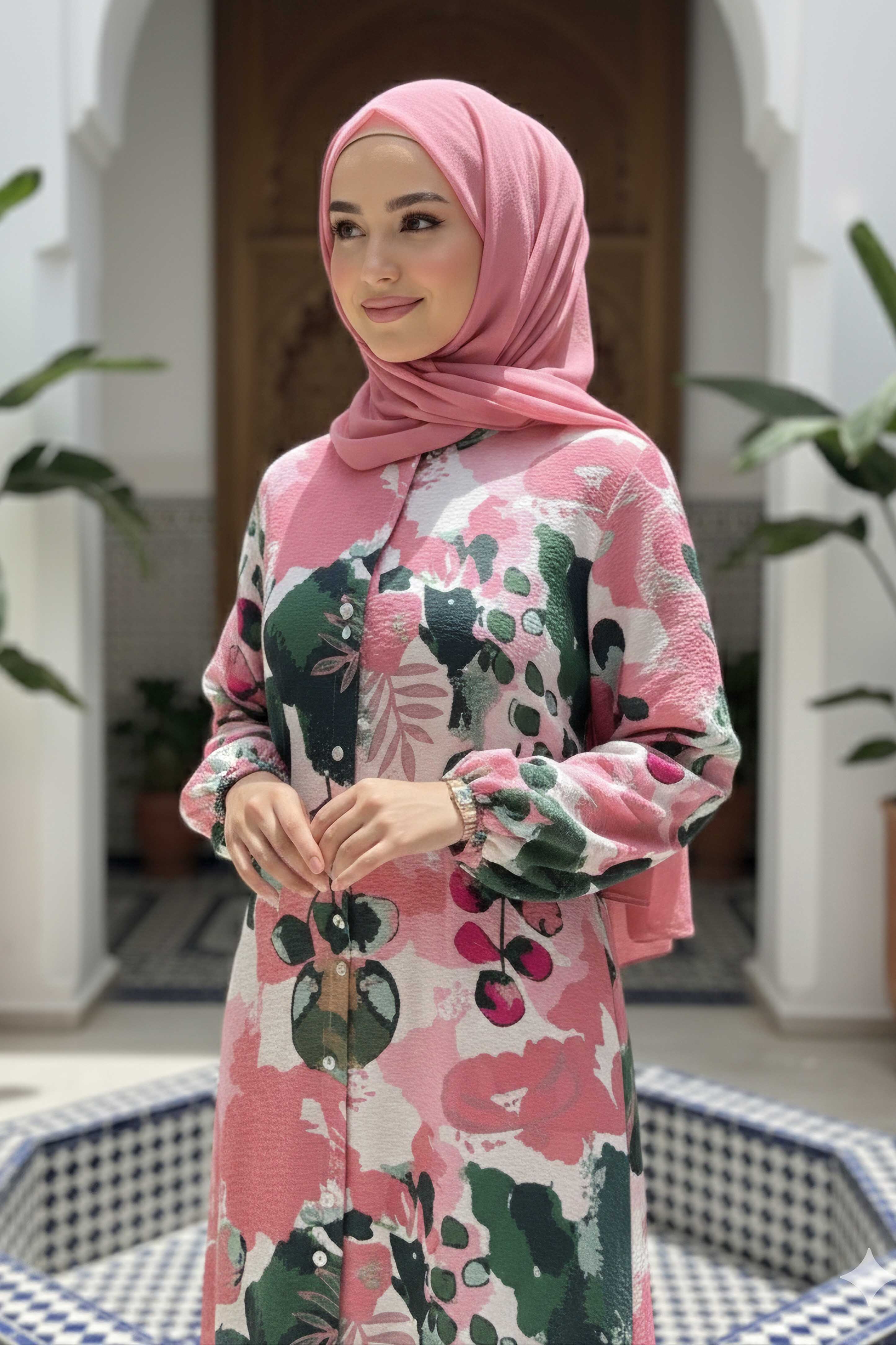 Cepli Baskılı Desenli Keten Elbise - 28293-GUL-KURUSU - 3