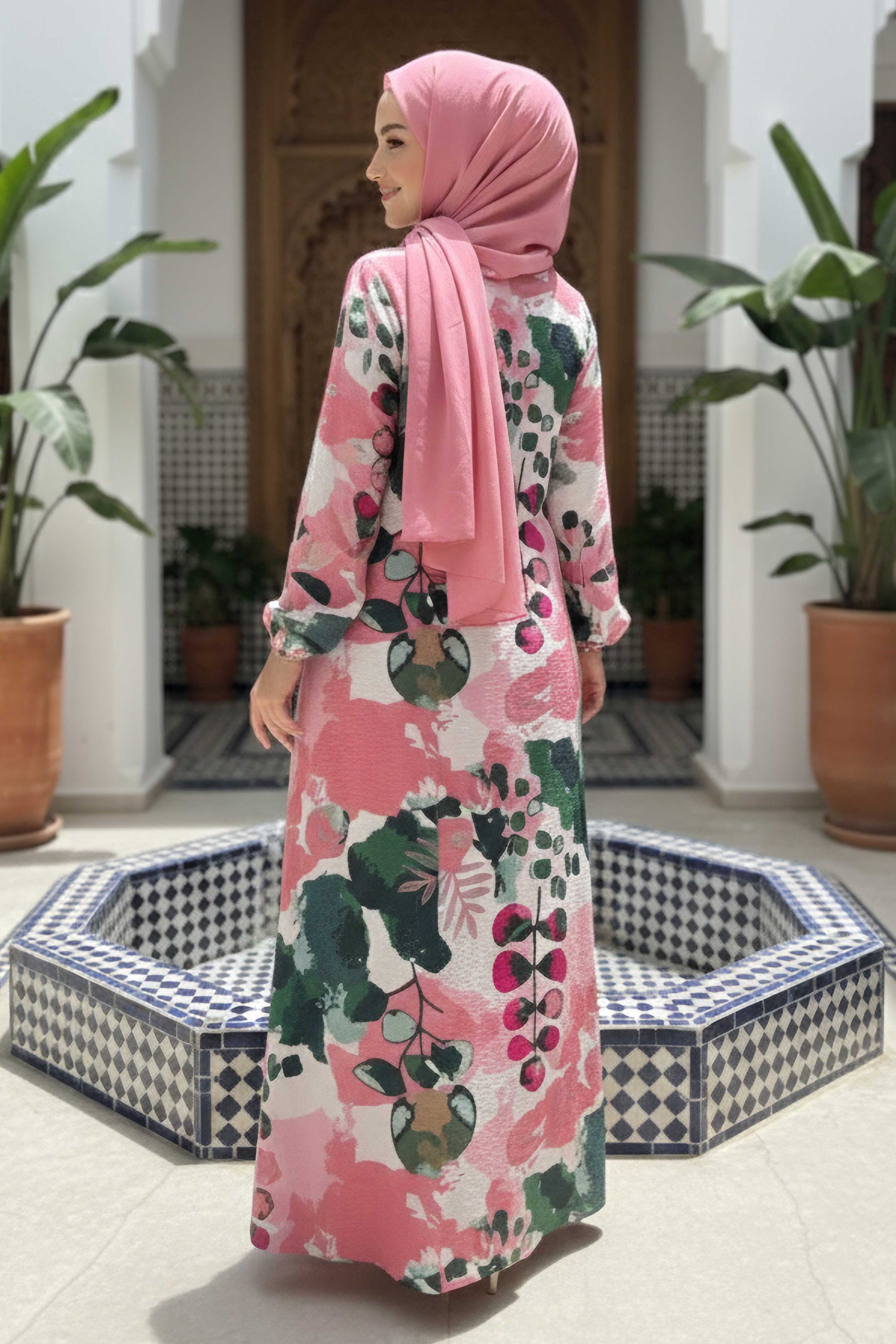 Cepli Baskılı Desenli Keten Elbise - 28293-GUL-KURUSU - 4