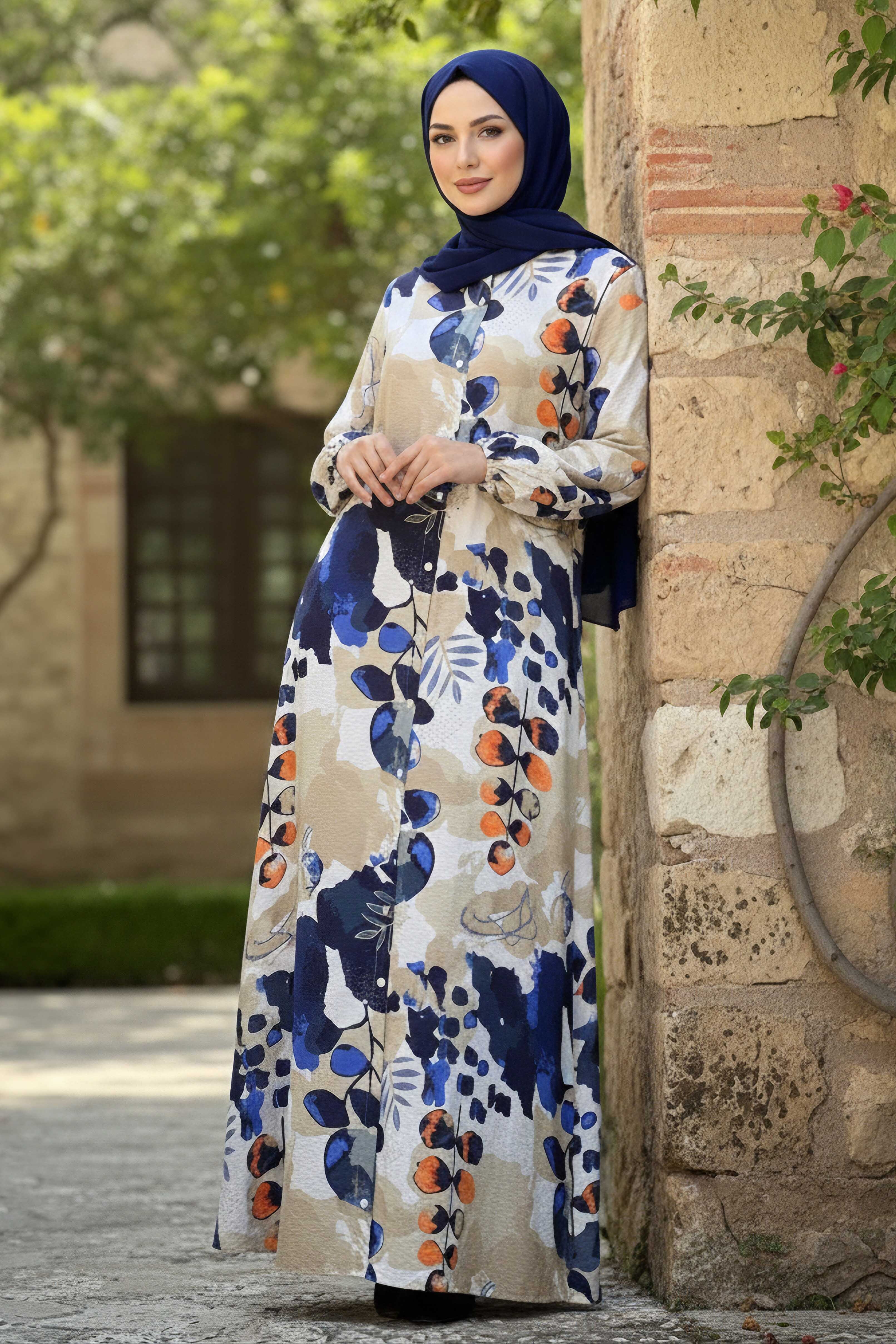 Cepli Baskılı Desenli Keten Elbise - 28293-LACIVERT - 1