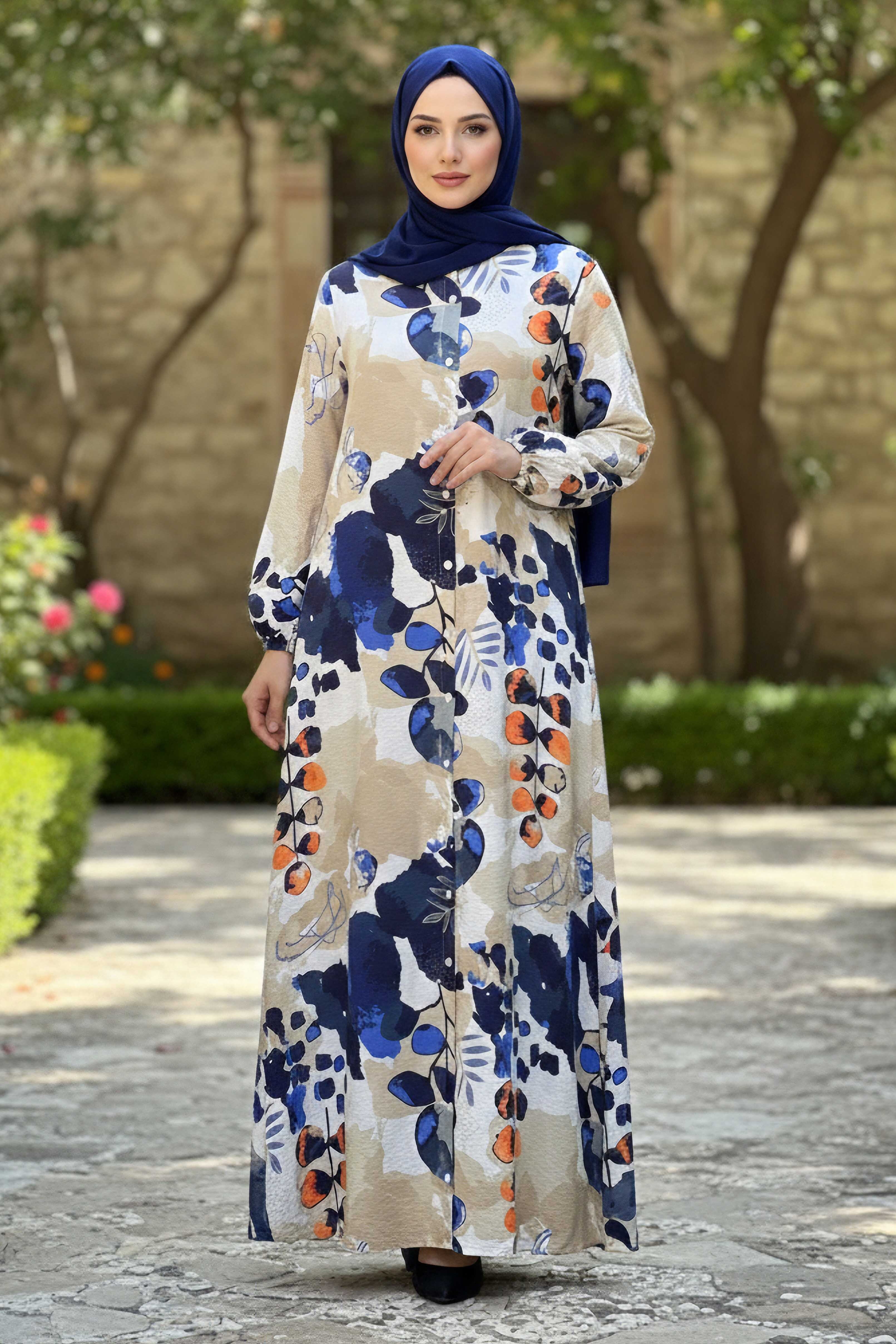 Cepli Baskılı Desenli Keten Elbise - 28293-LACIVERT - 3