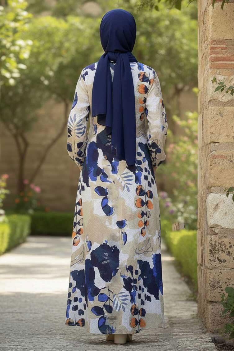 Cepli Baskılı Desenli Keten Elbise - 28293-LACIVERT - 4