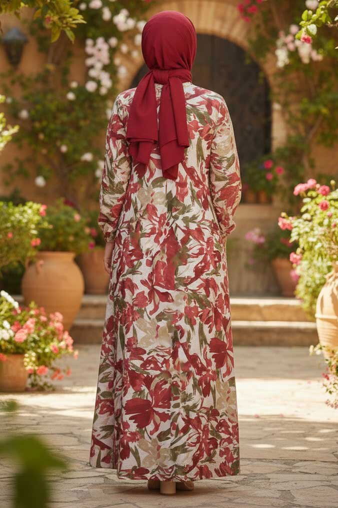 Cepli Baskılı Desenli Keten Elbise - 28295-BORDO - 3