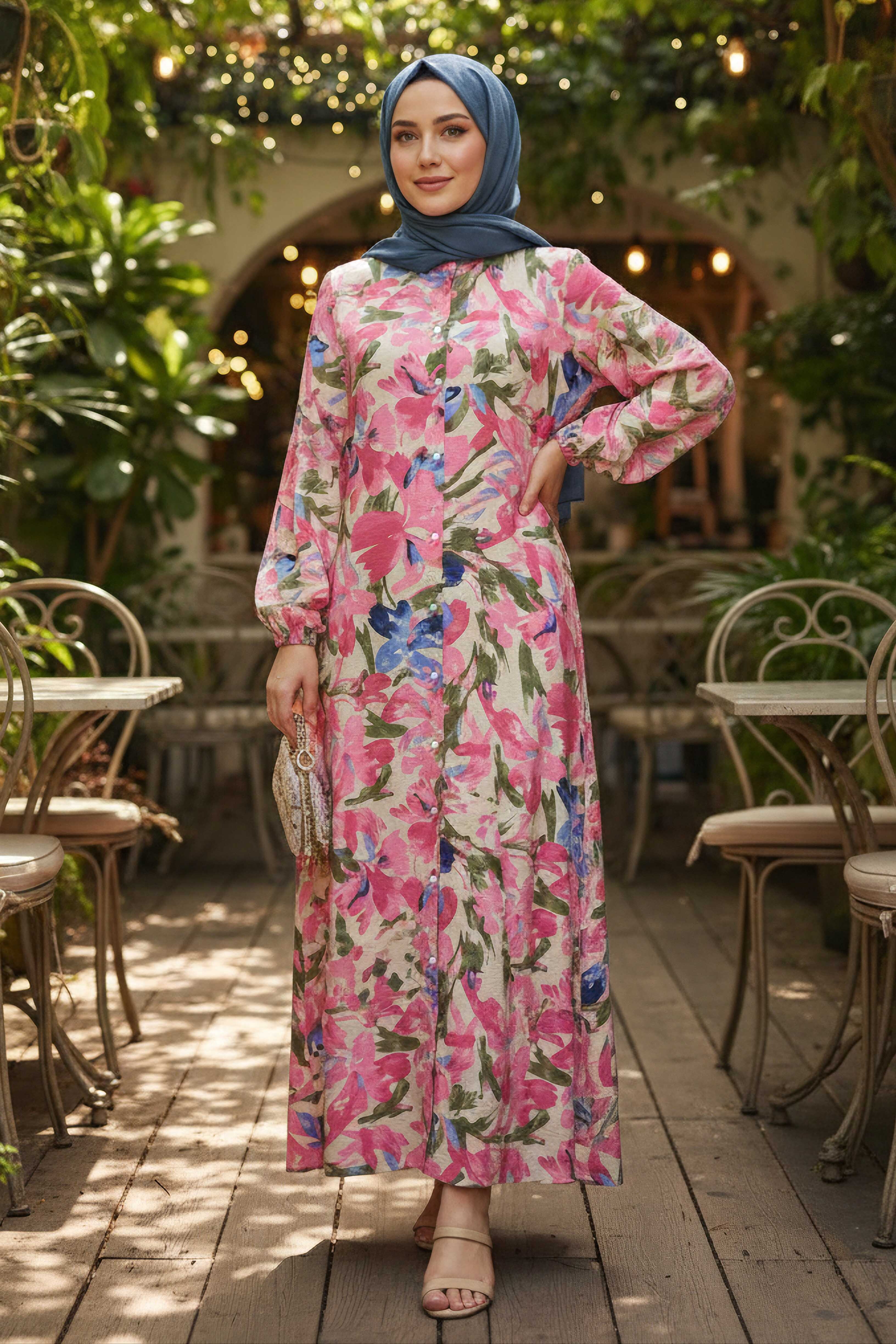 Cepli Baskılı Desenli Keten Elbise - 28295-FUSYA - 1