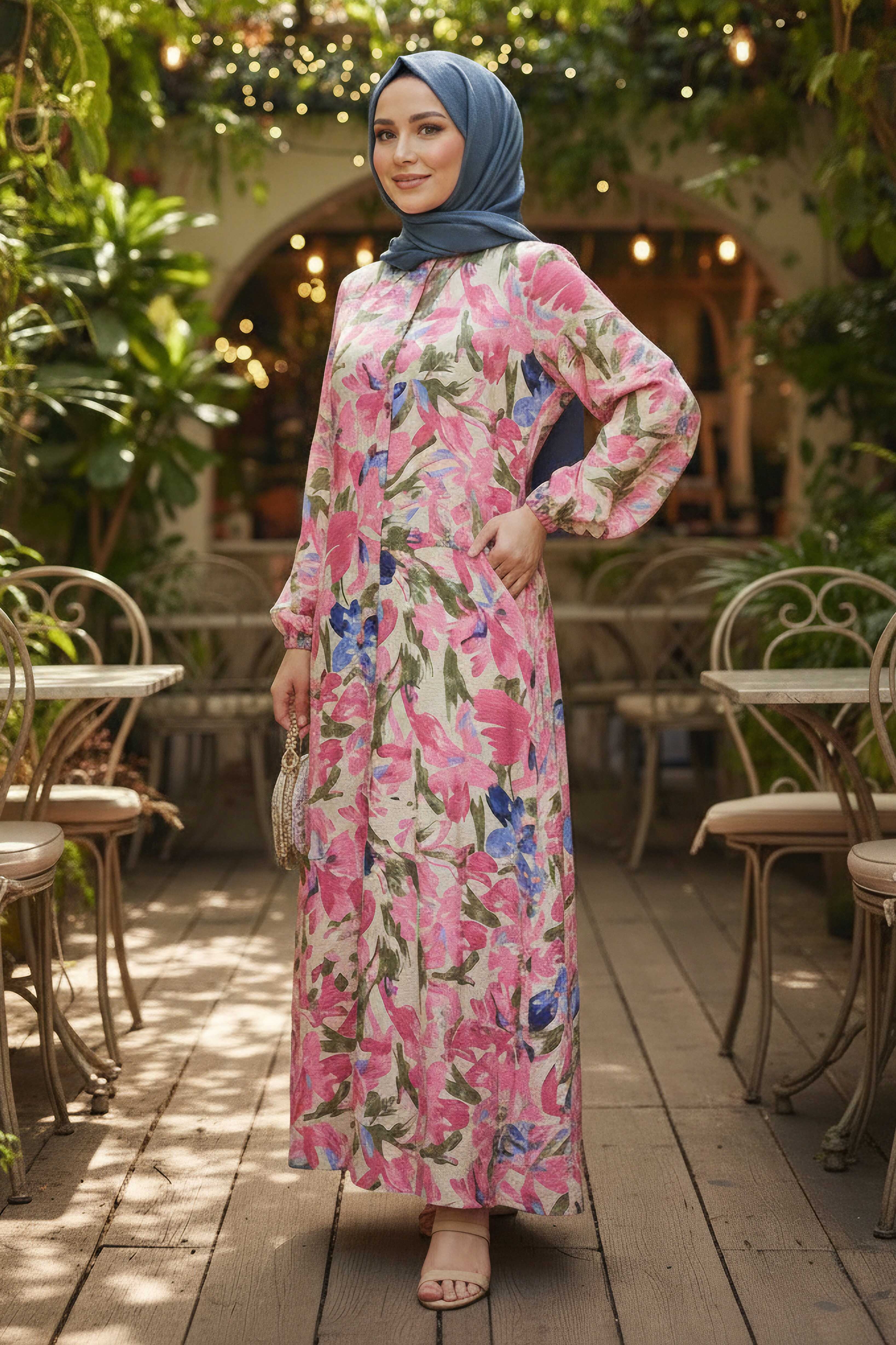 Cepli Baskılı Desenli Keten Elbise - 28295-FUSYA - 2