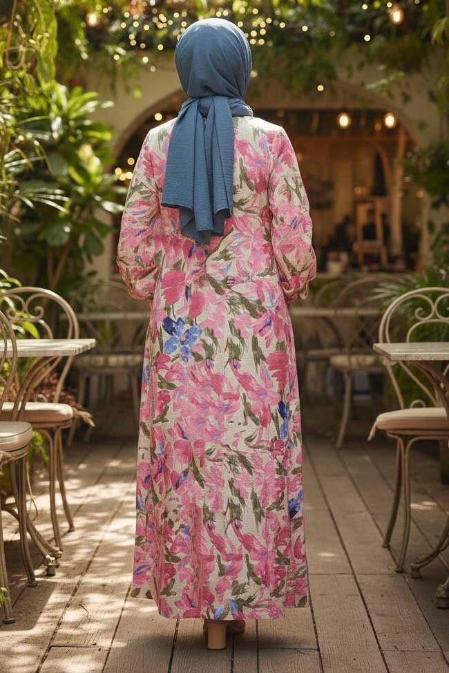 Cepli Baskılı Desenli Keten Elbise - 28295-FUSYA - 3